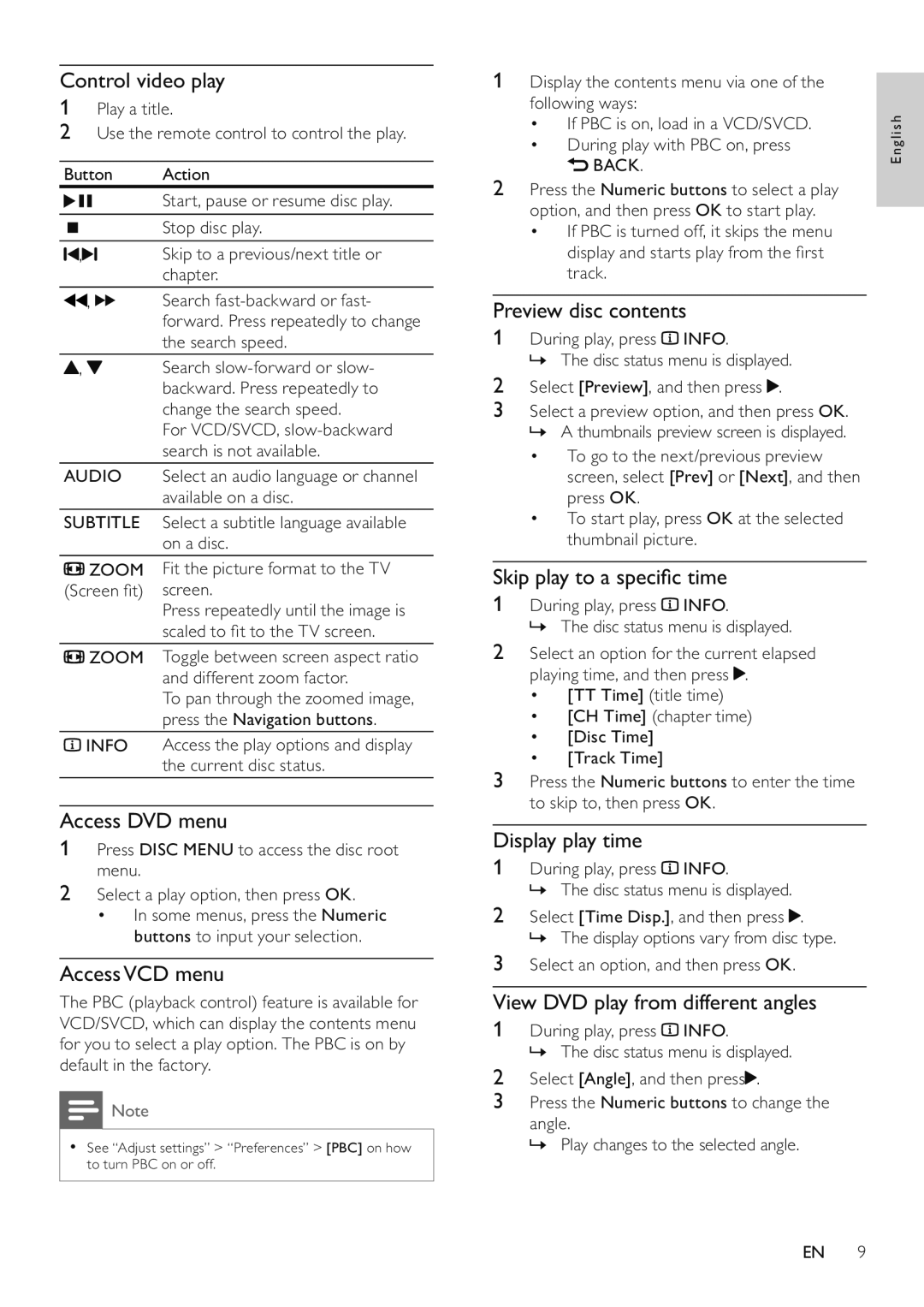 Philips DVP3516/94 Control video play, Access DVD menu, AccessVCD menu, Preview disc contents, Skip play to a speciﬁc time 