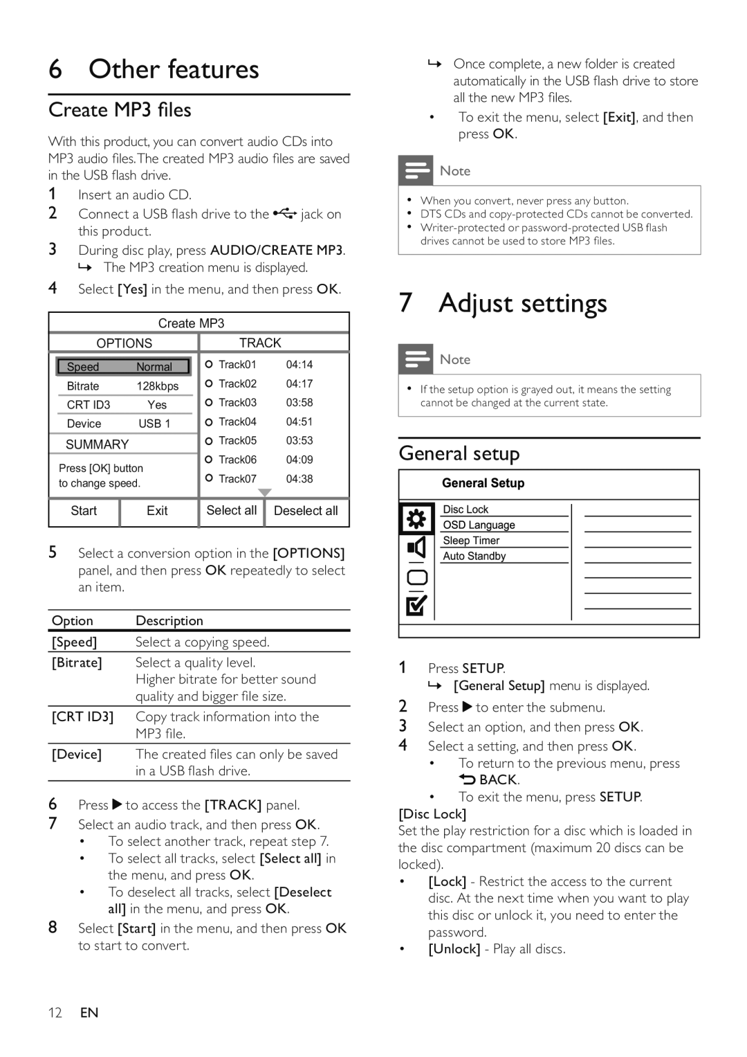 Philips DVP3520 Other features, Adjust settings, Create MP3 ﬁles, General setup, Select Yes in the menu, and then press OK 