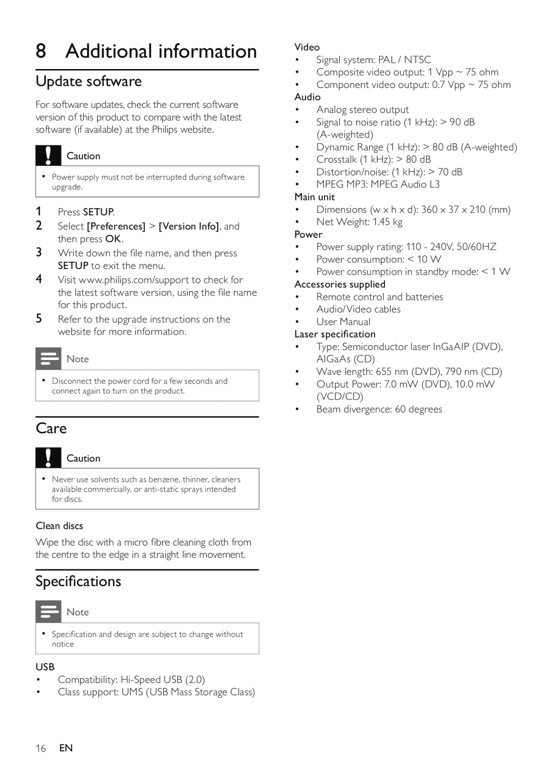 Philips DVP3520/94 user manual Additional information, Update software, Care, Speciﬁcations, Usb 