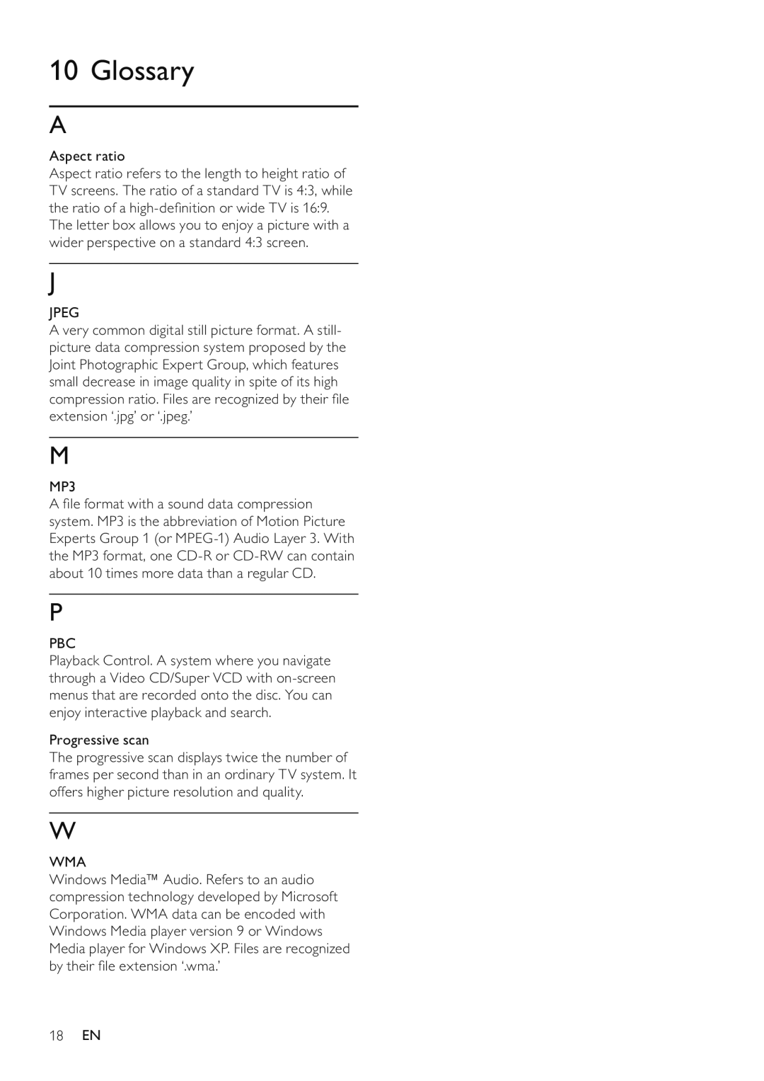 Philips DVP3520/94 user manual Glossary, Jpeg, MP3, Wma 