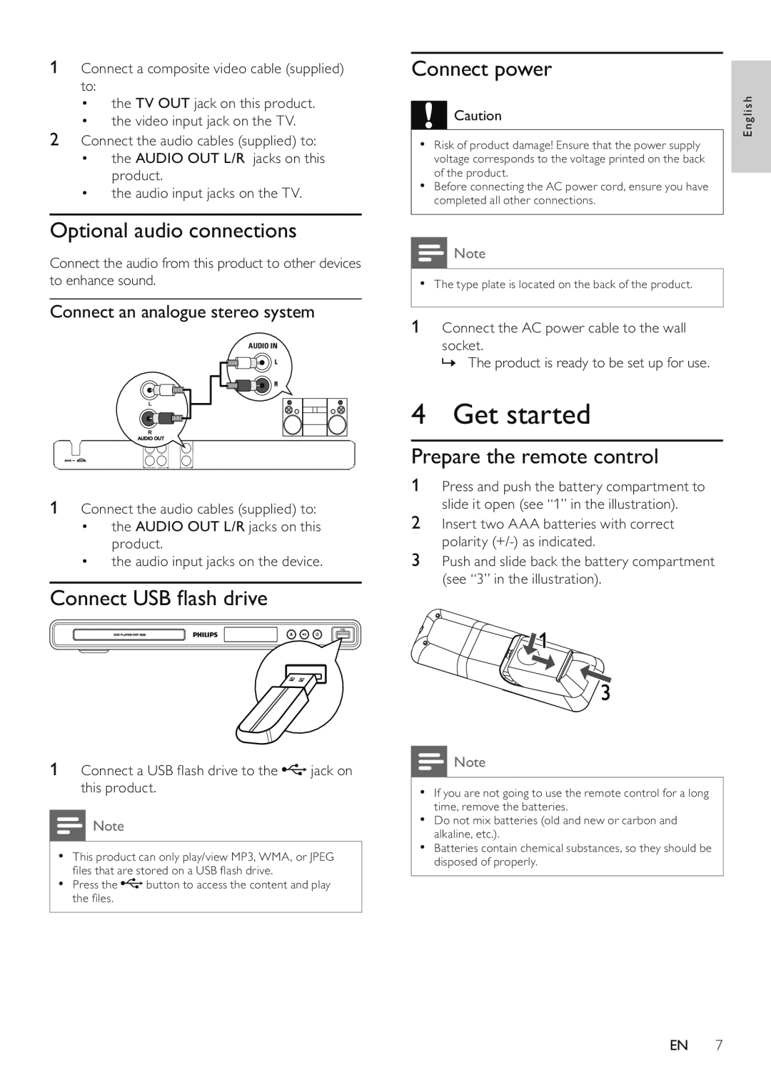 Philips DVP3520/94 user manual Get started, Optional audio connections, Connect USB ﬂash drive, Connect power 