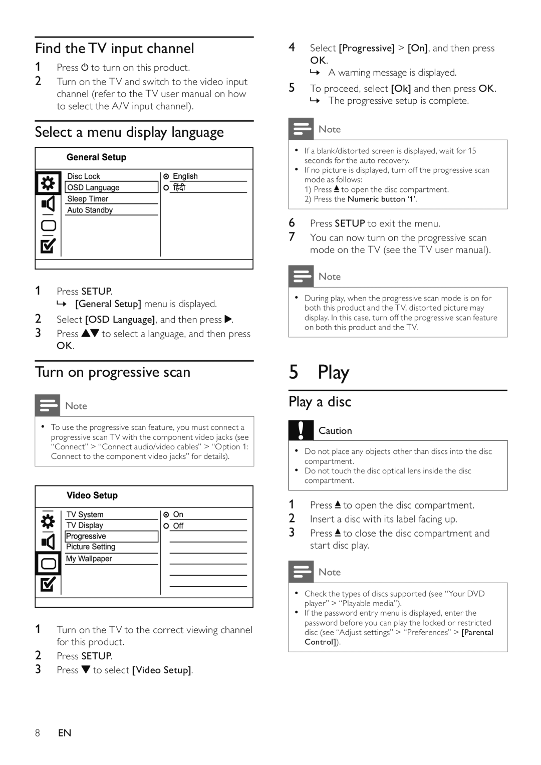 Philips DVP3520 Find the TV input channel, Select a menu display language, Turn on progressive scan, Play a disc 