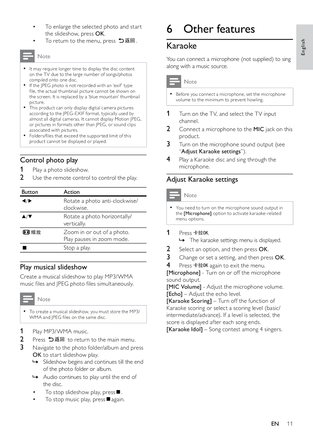 Philips DVP3520K/93 user manual Other features, Control photo play, Play musical slideshow, Adjust Karaoke settings 