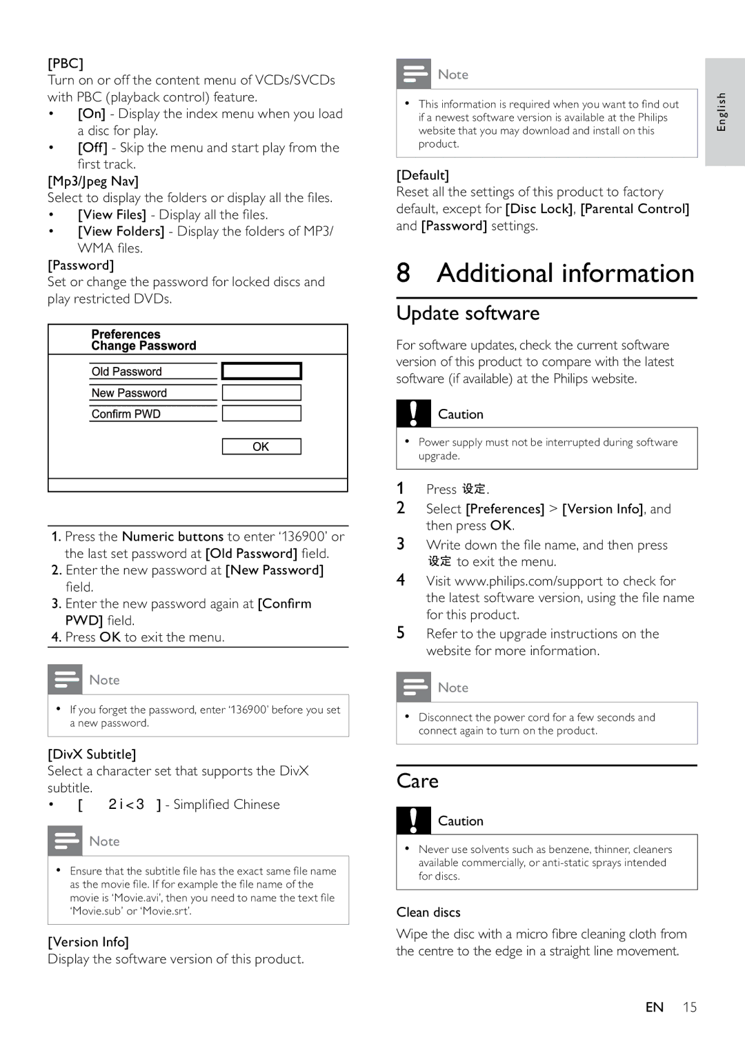 Philips DVP3520K/93 user manual Additional information, Update software, Care, Clean discs 