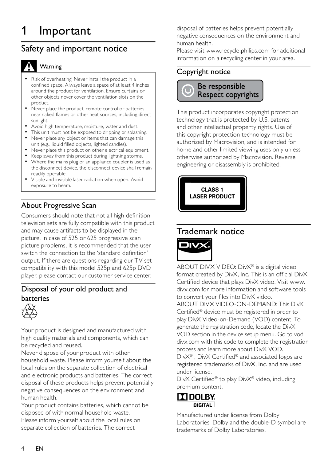 Philips DVP3520K/93 user manual Safety and important notice, Trademark notice, About Progressive Scan, Copyright notice 