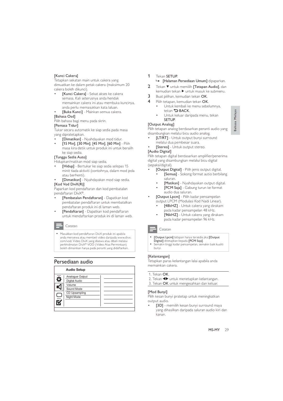 Philips DVP3520K/98, HTP3520K/98 user manual Persediaan audio, Tekan Setup » Halaman Persediaan Umum dipaparkan 