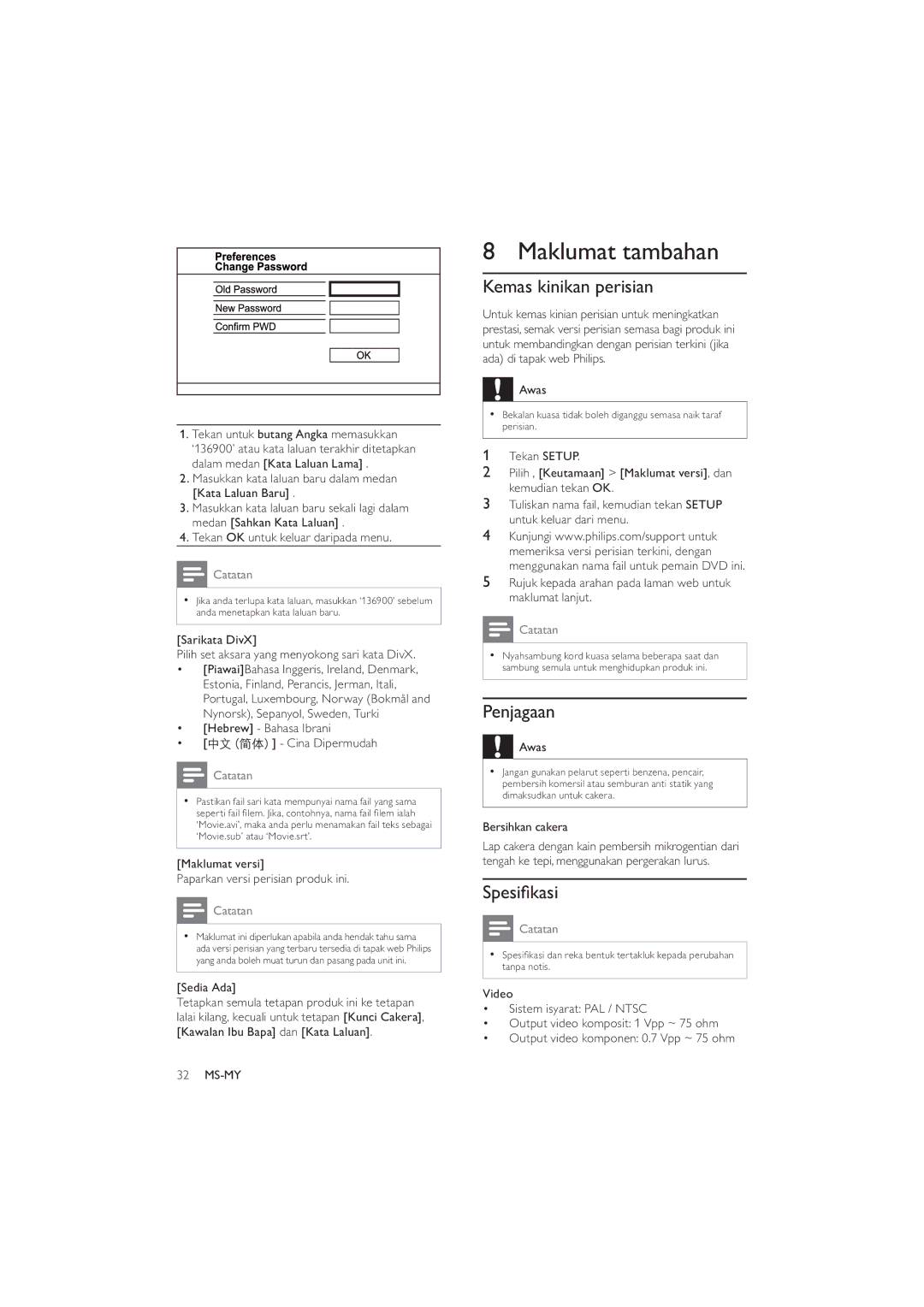 Philips DVP3520K/98, HTP3520K/98 user manual Maklumat tambahan, Kemas kinikan perisian, Penjagaan 