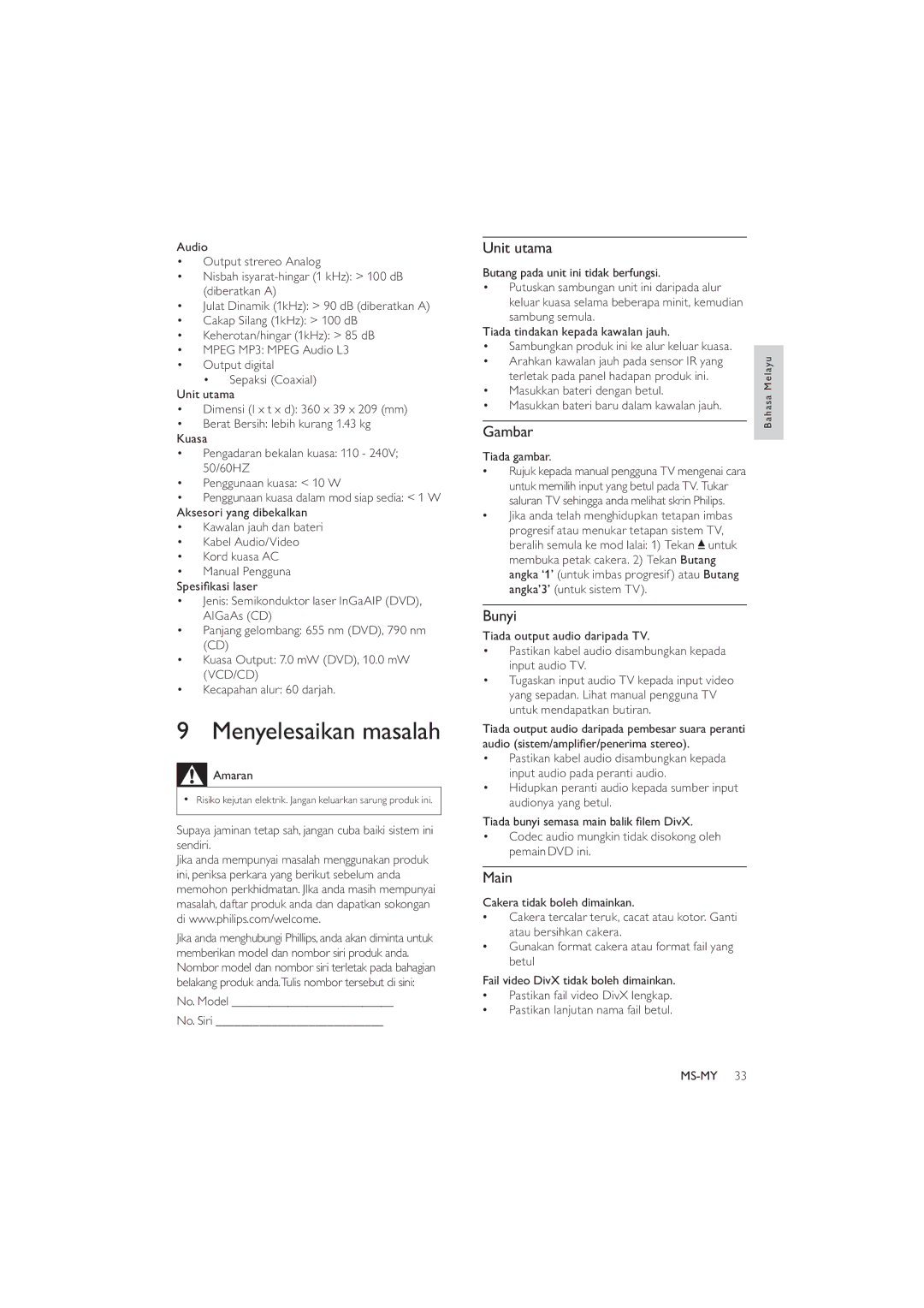 Philips DVP3520K/98, HTP3520K/98 user manual Menyelesaikan masalah, Unit utama, Gambar, Bunyi, Main 