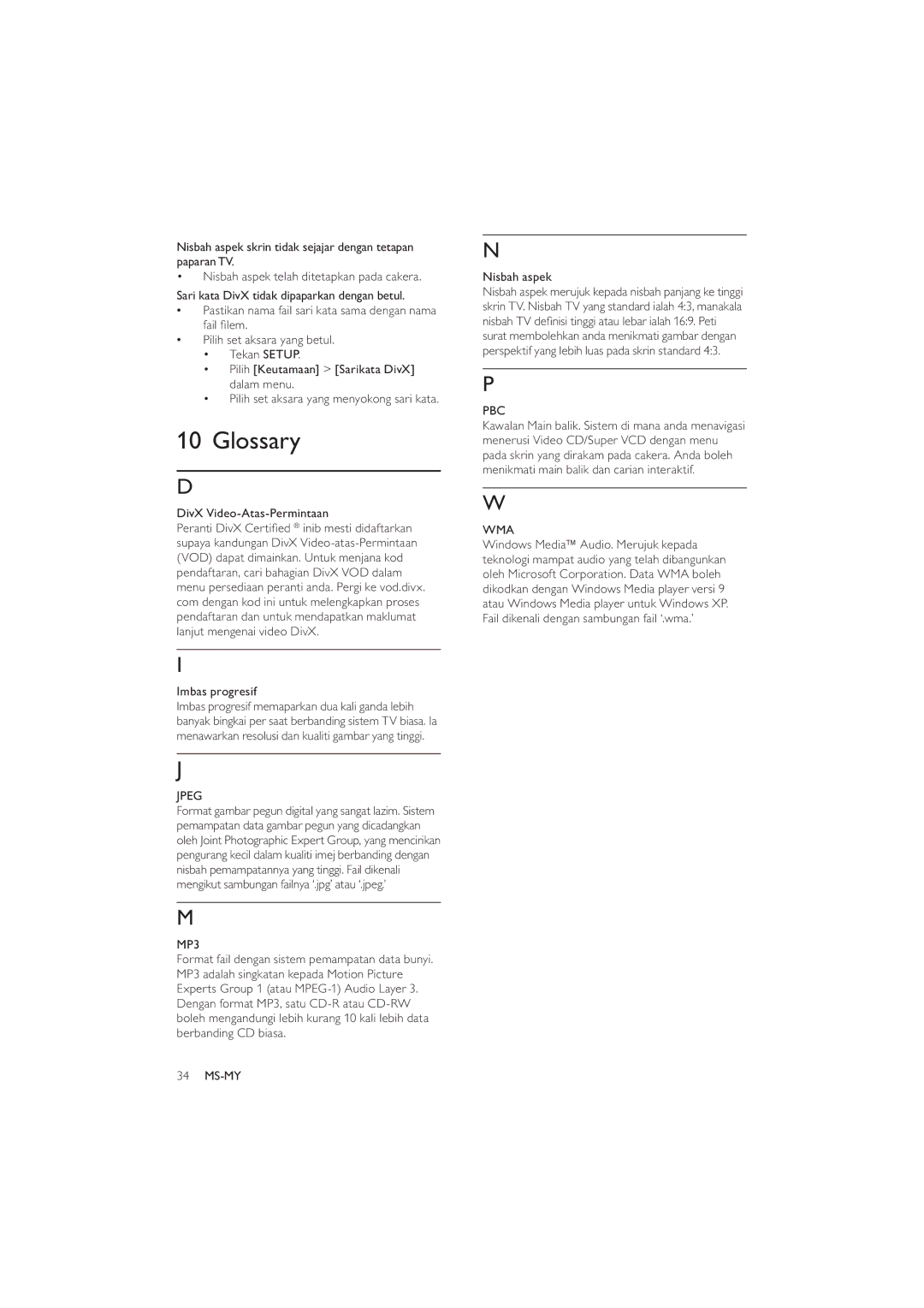 Philips DVP3520K/98, HTP3520K/98 user manual Glossary, IdloÀohp, Jpeg, MP3, Wma 