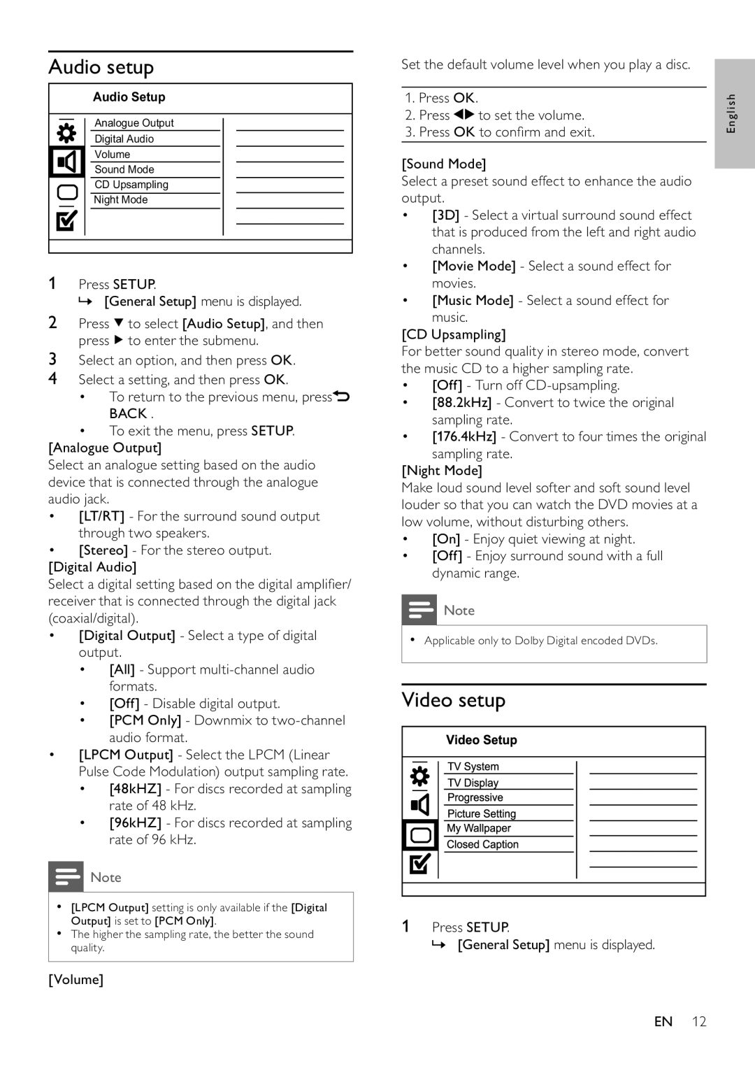 Philips DVP3522/55 user manual Audio setup, Video setup, Volume Set the default volume level when you play a disc 