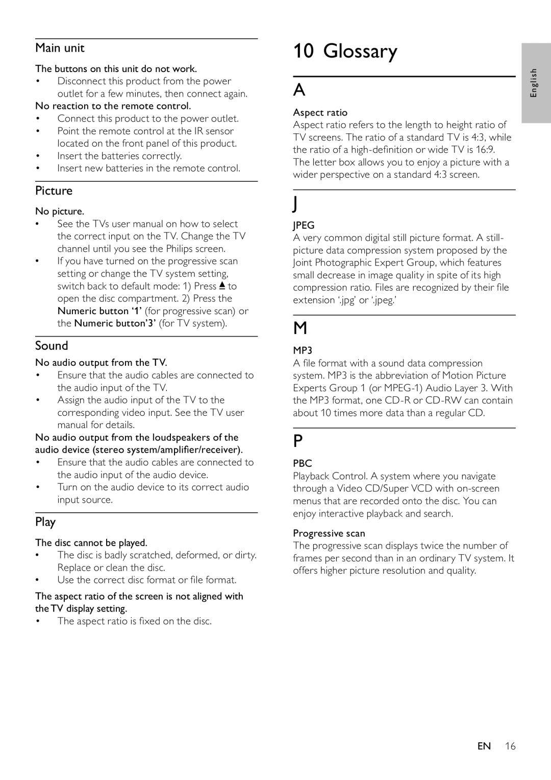 Philips DVP3522/55 user manual Glossary, Main unit, Picture, Sound, Play 