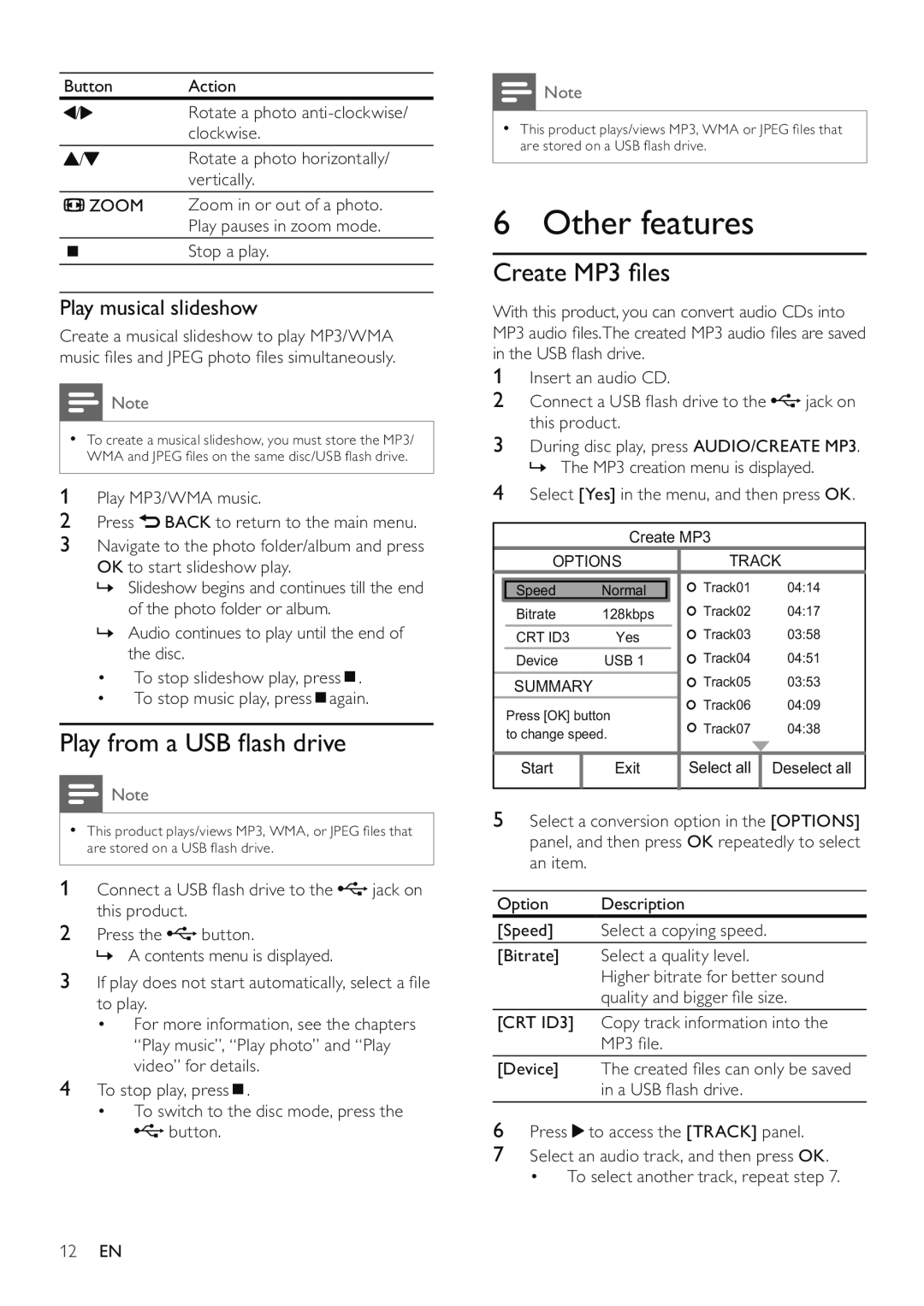 Philips DVP3526/94 user manual Other features, Play from a USB ﬂash drive, Create MP3 ﬁles, Play musical slideshow 