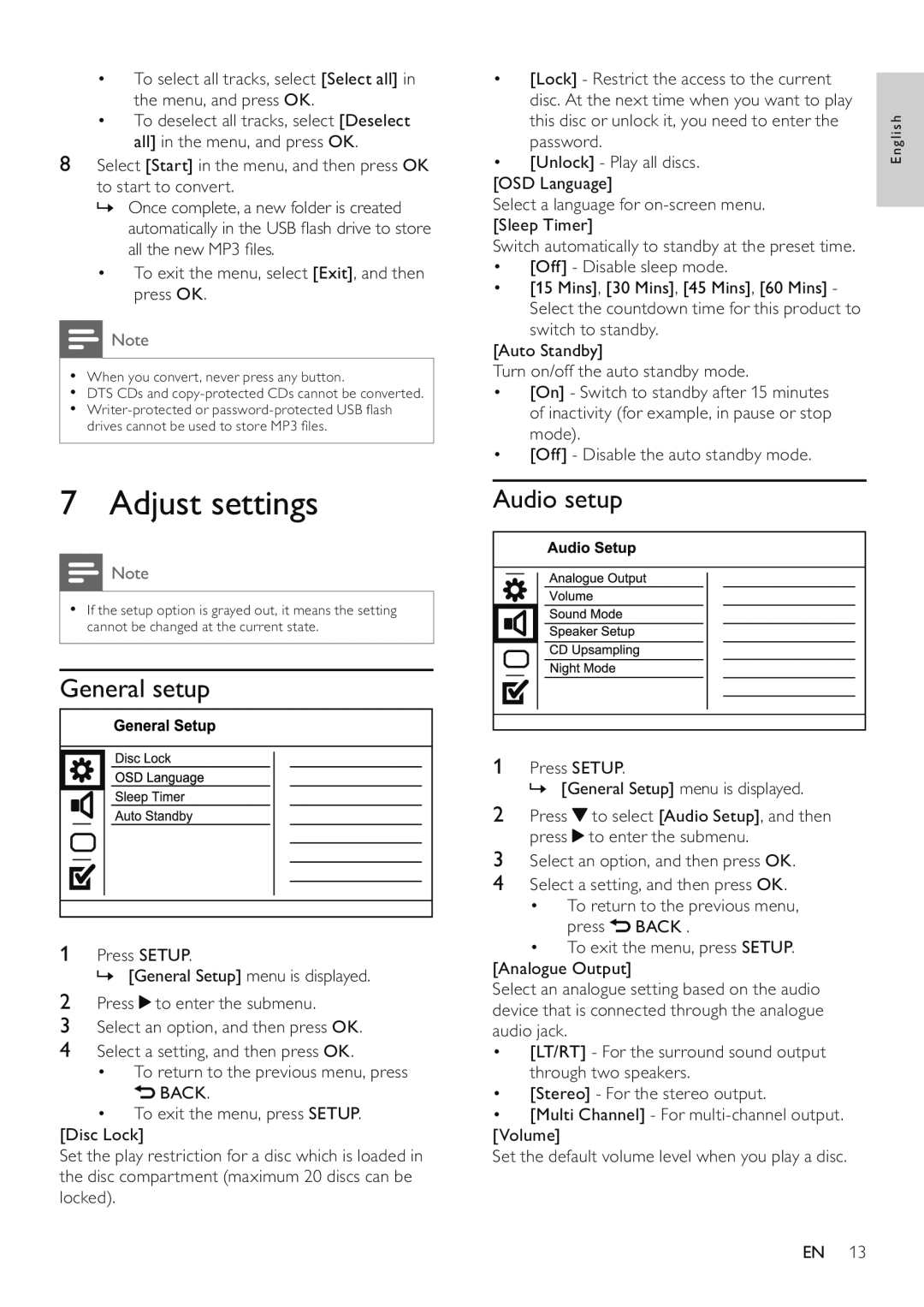 Philips DVP3526/94 user manual Adjust settings, Audio setup, General setup 