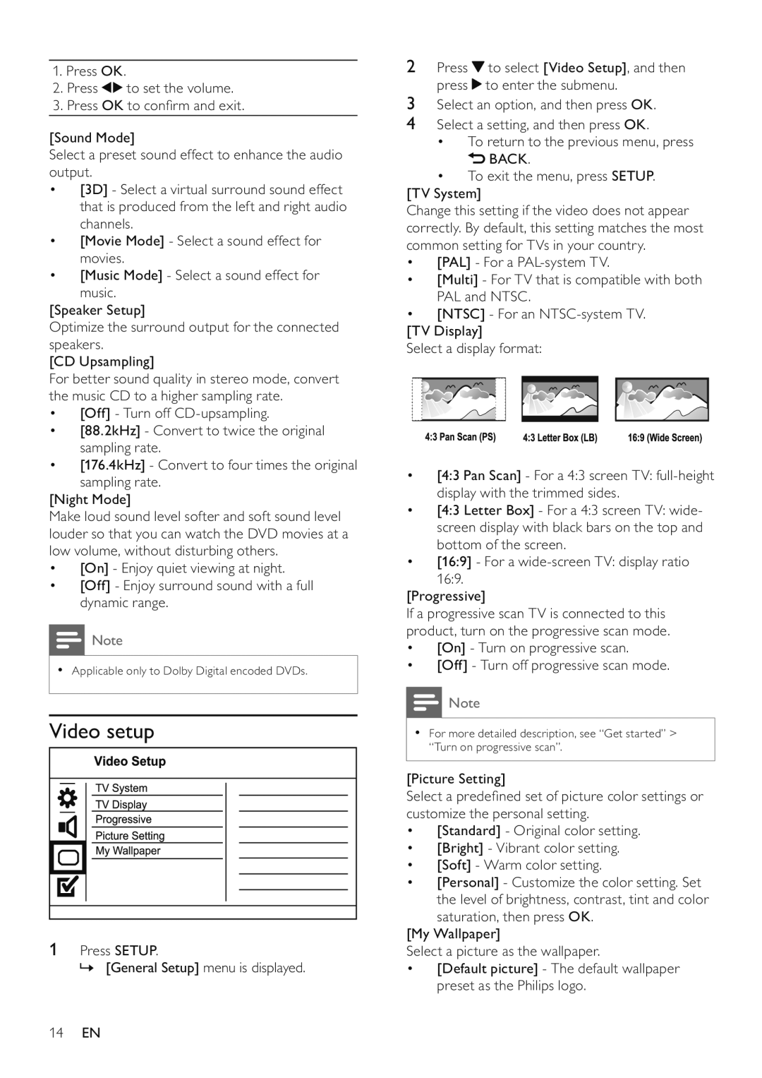 Philips DVP3526/94 user manual Video setup 