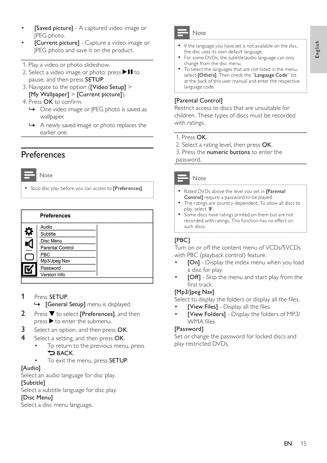 Philips DVP3526/94 user manual Preferences, Pbc 