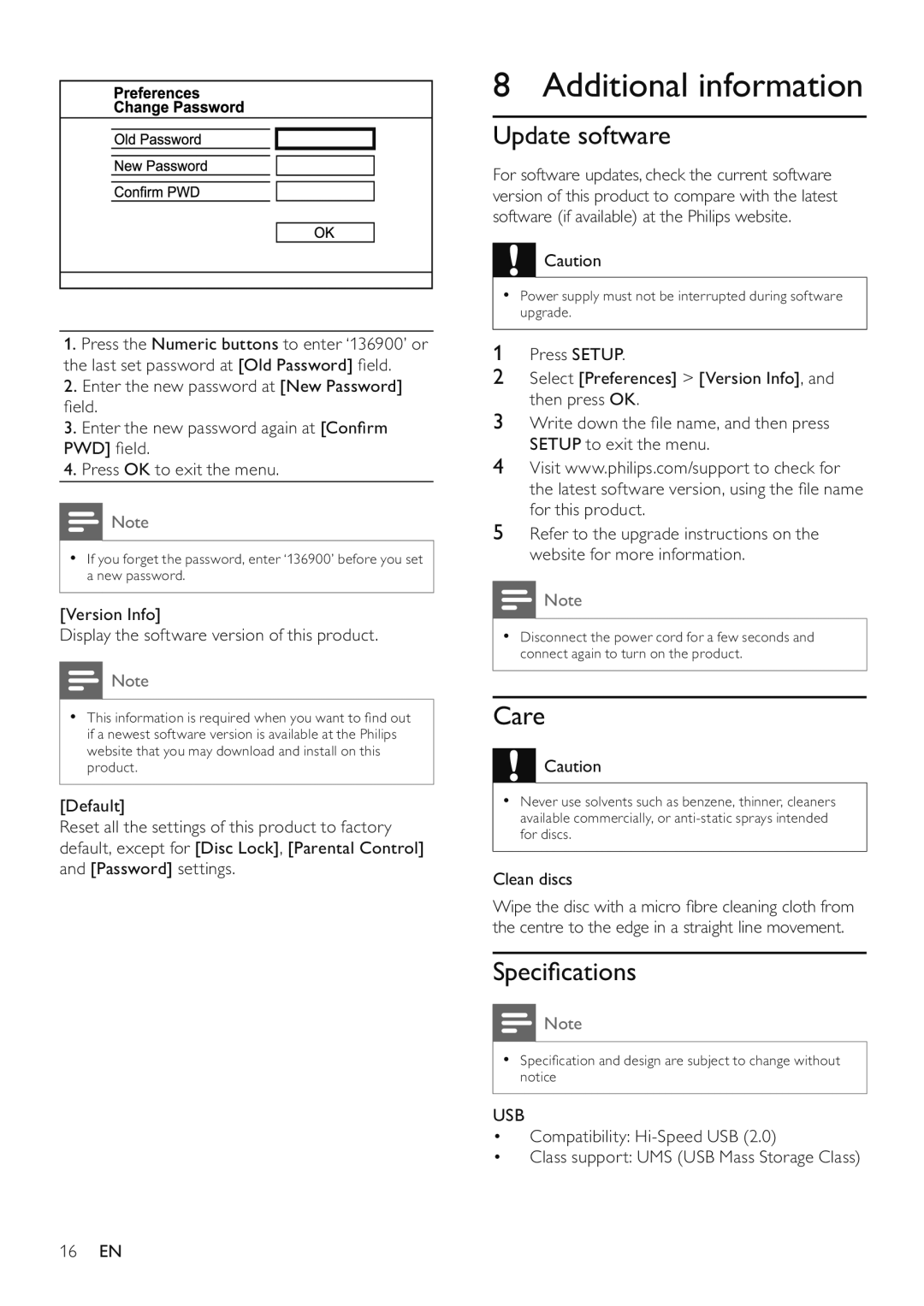 Philips DVP3526/94 user manual Additional information, Update software, Care, Speciﬁcations, Usb 