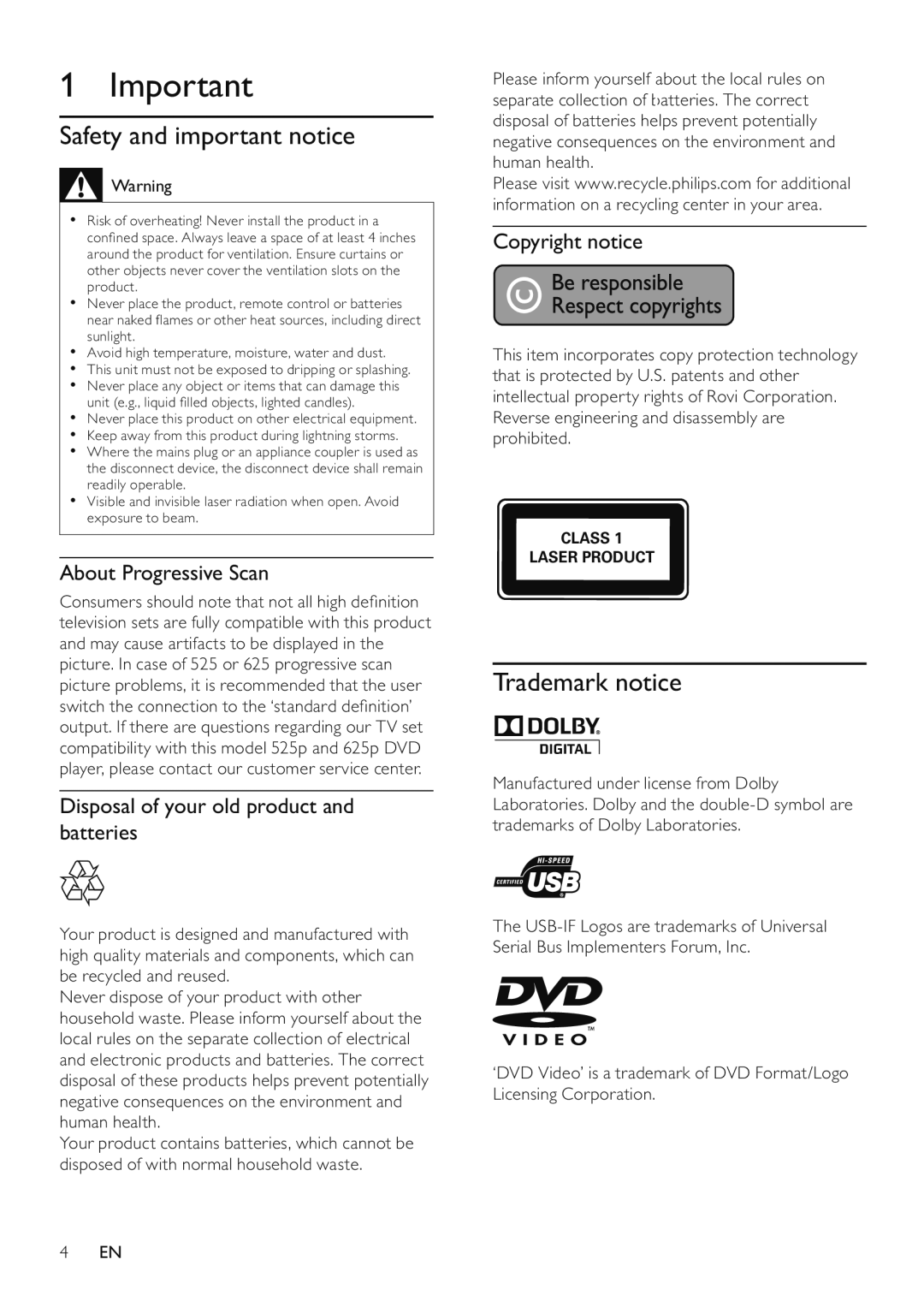 Philips DVP3526/94 user manual Safety and important notice, Trademark notice, About Progressive Scan, Copyright notice 