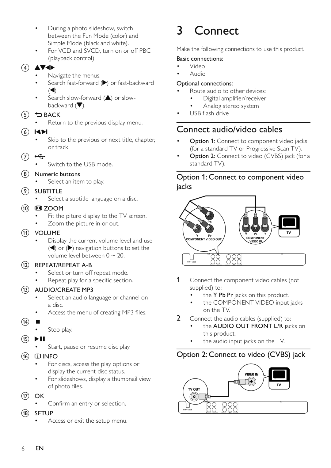 Philips DVP3526/94 user manual Connect audio/video cables, Option 1 Connect to component video jacks 