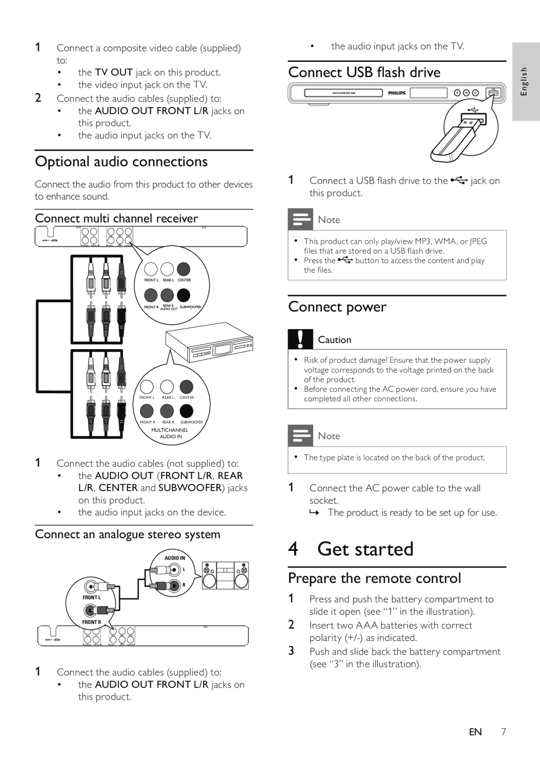 Philips DVP3526/94 user manual Get started, Optional audio connections, Connect USB ﬂash drive, Connect power 