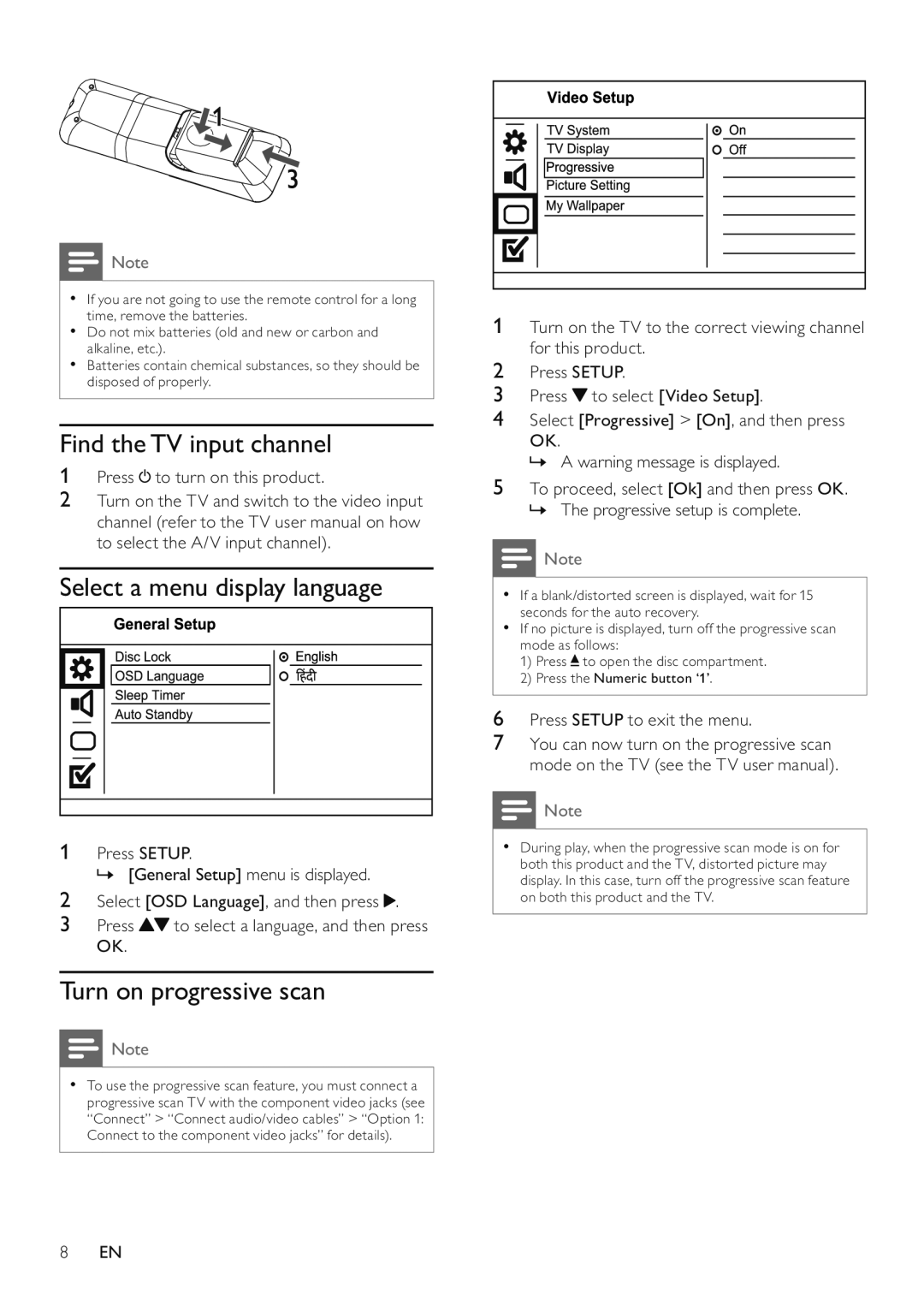 Philips DVP3526/94 user manual Find the TV input channel, Select a menu display language, Turn on progressive scan 