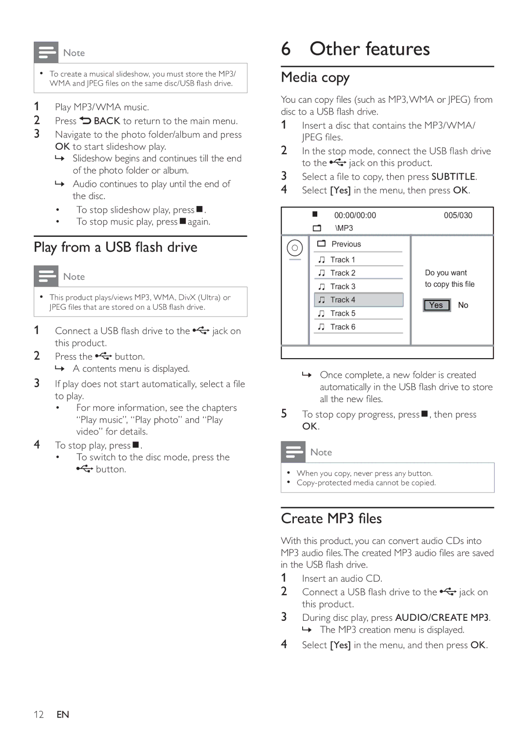 Philips DVP3550KX/77 user manual Other features, Play from a USB ﬂash drive, Media copy, Create MP3 ﬁles 