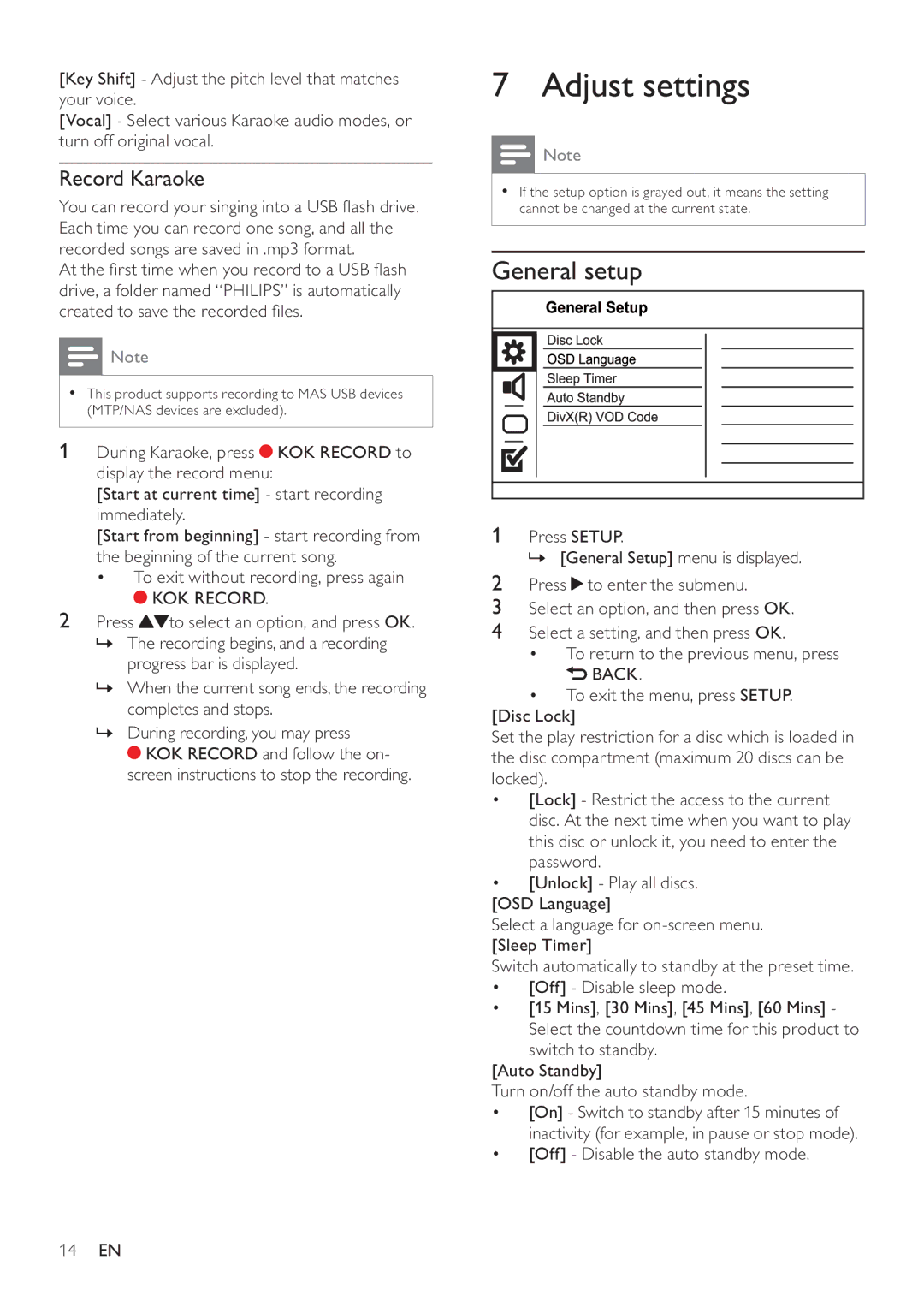 Philips DVP3550KX/77 user manual Adjust settings, General setup, Record Karaoke, KOK Record 