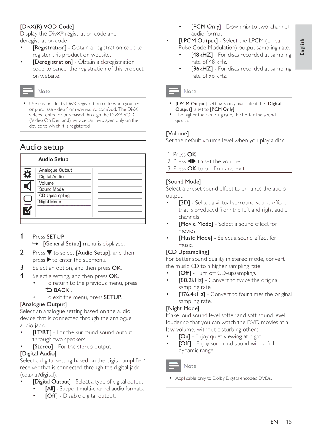 Philips DVP3550KX/77 user manual Audio setup, Volume 