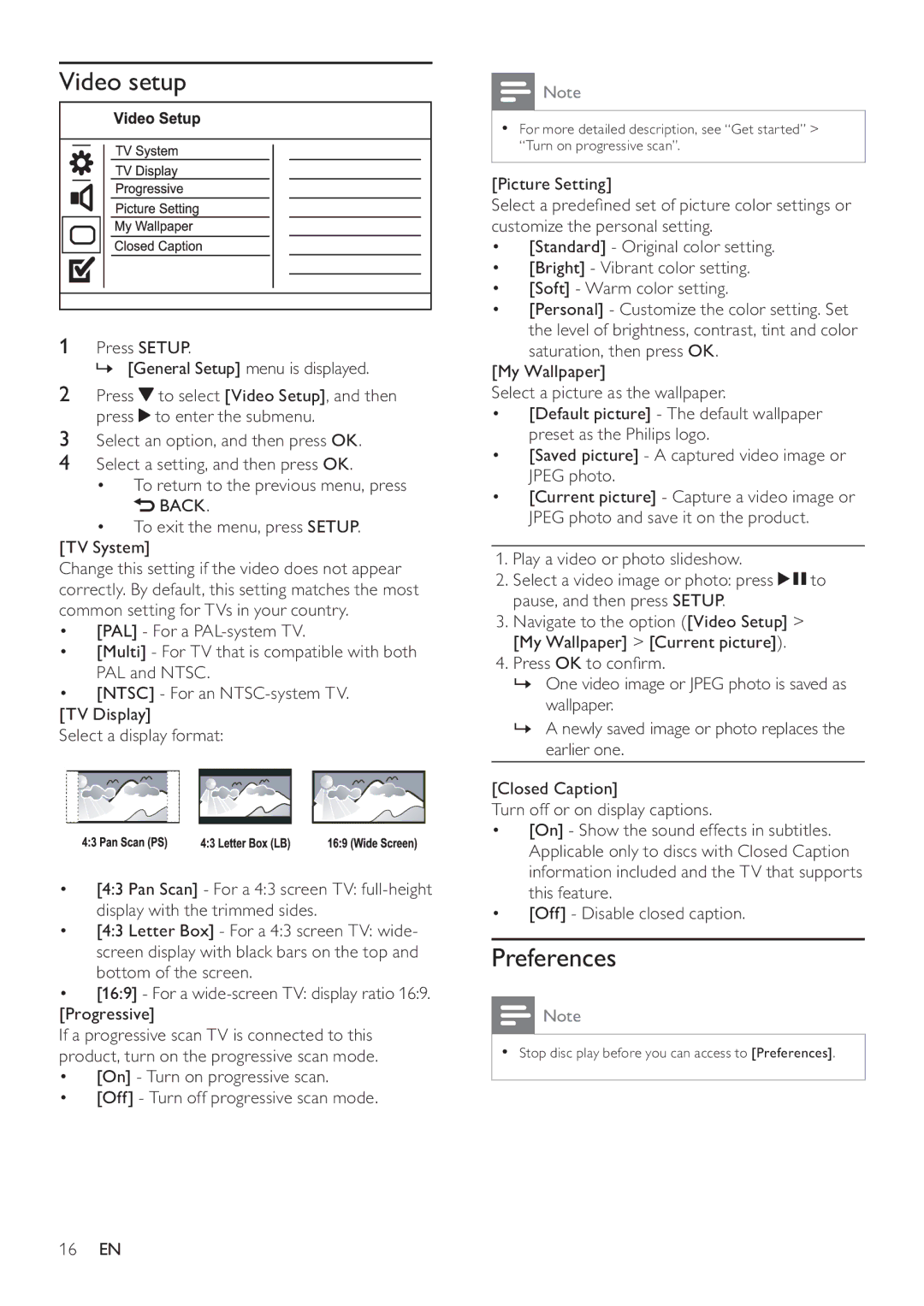 Philips DVP3550KX/77 user manual Video setup, Preferences, 16 EN 