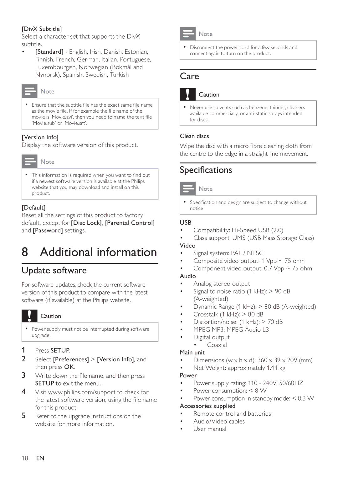 Philips DVP3550KX/77 user manual Additional information, Update software, Care, Speciﬁcations, Usb 