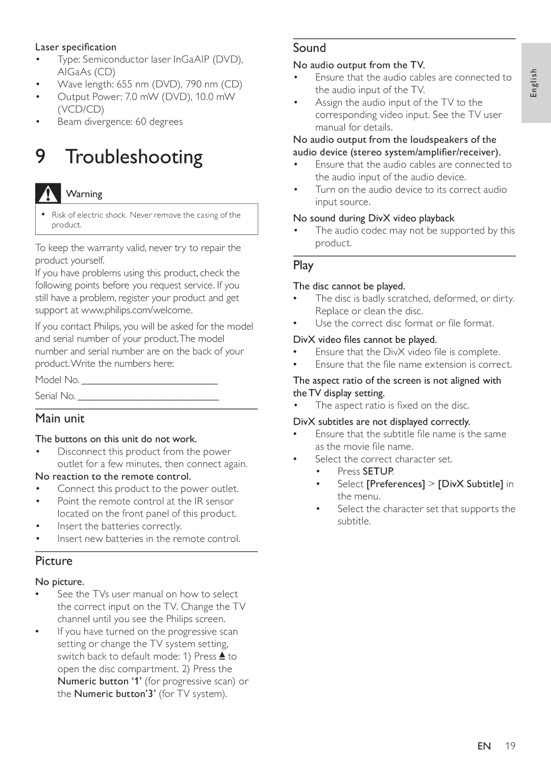 Philips DVP3550KX/77 user manual Troubleshooting, Picture, Sound, Play 