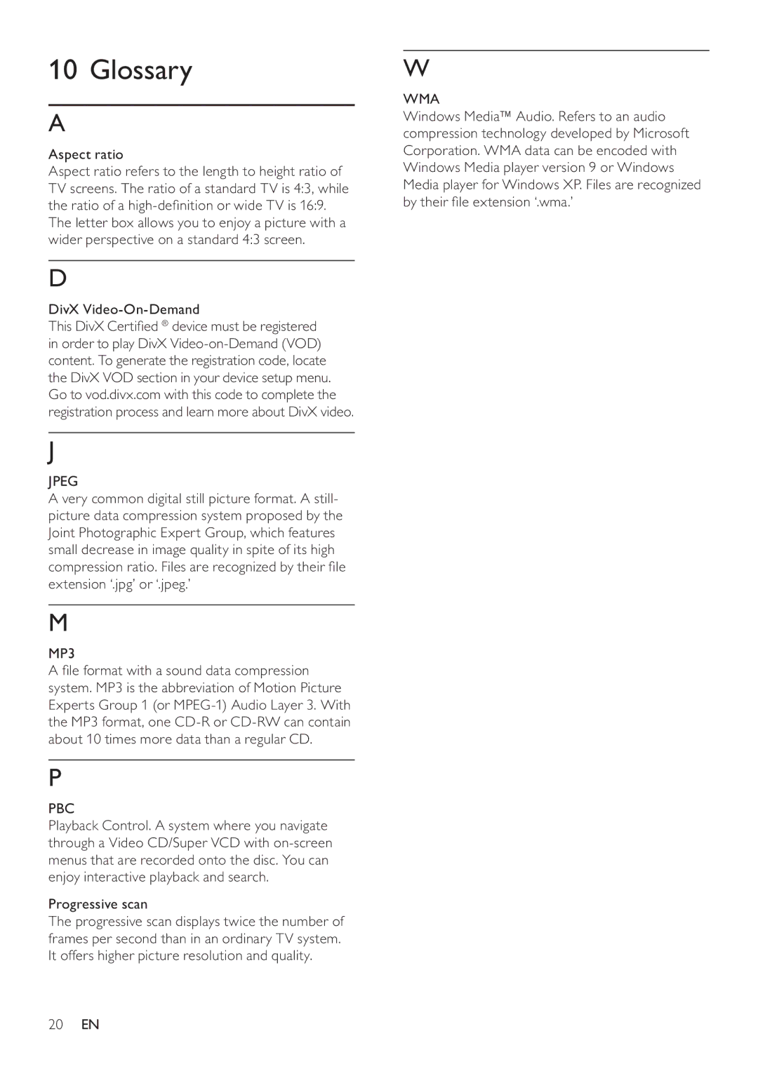 Philips DVP3550KX/77 user manual Glossary, Jpeg, Wma 