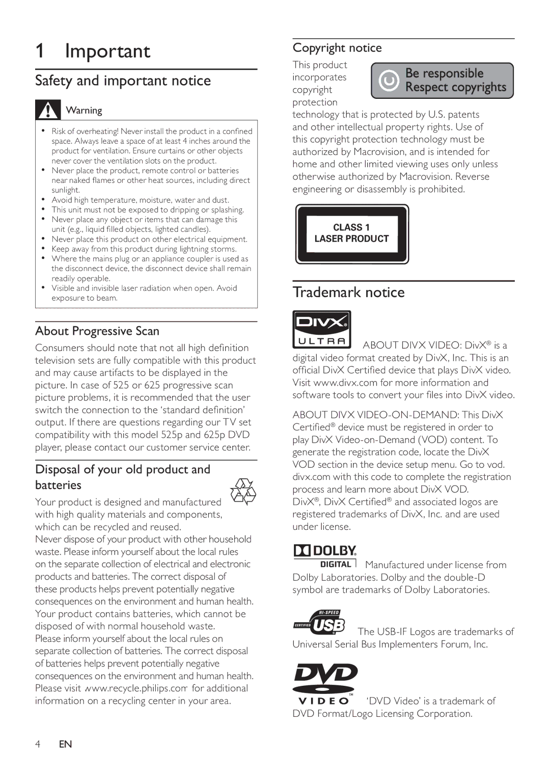 Philips DVP3550KX/77 user manual Safety and important notice, Trademark notice, About Progressive Scan, Copyright notice 