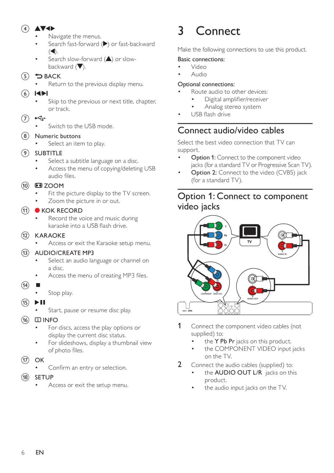 Philips DVP3550KX/77 user manual Connect audio/video cables, Option 1 Connect to component video jacks 