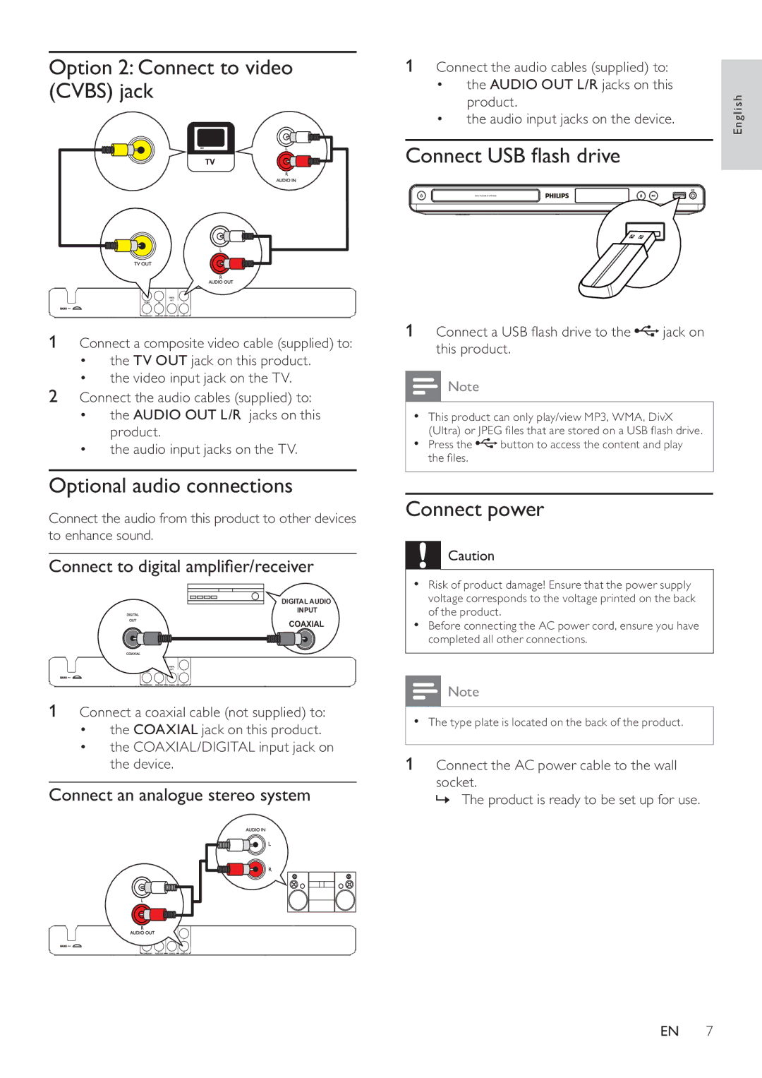 Philips DVP3550KX/77 user manual Option 2 Connect to video Cvbs jack, Optional audio connections, Connect USB ﬂash drive 