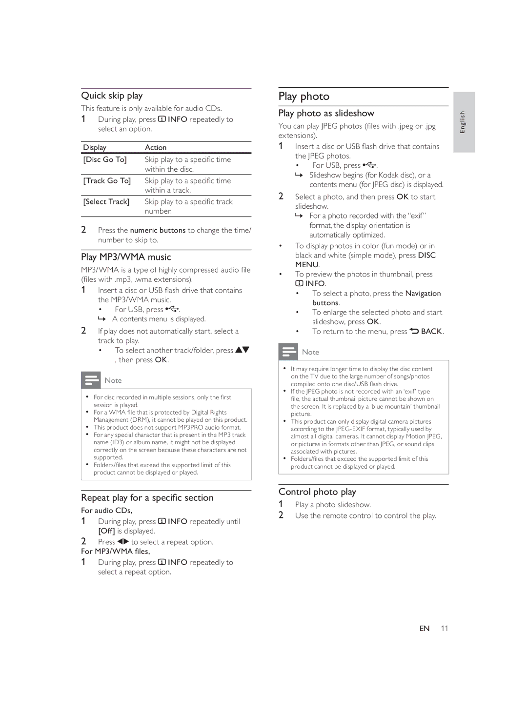 Philips DVP3552K/98 user manual Quick skip play, Play MP3/WMA music, Play photo as slideshow, Control photo play 