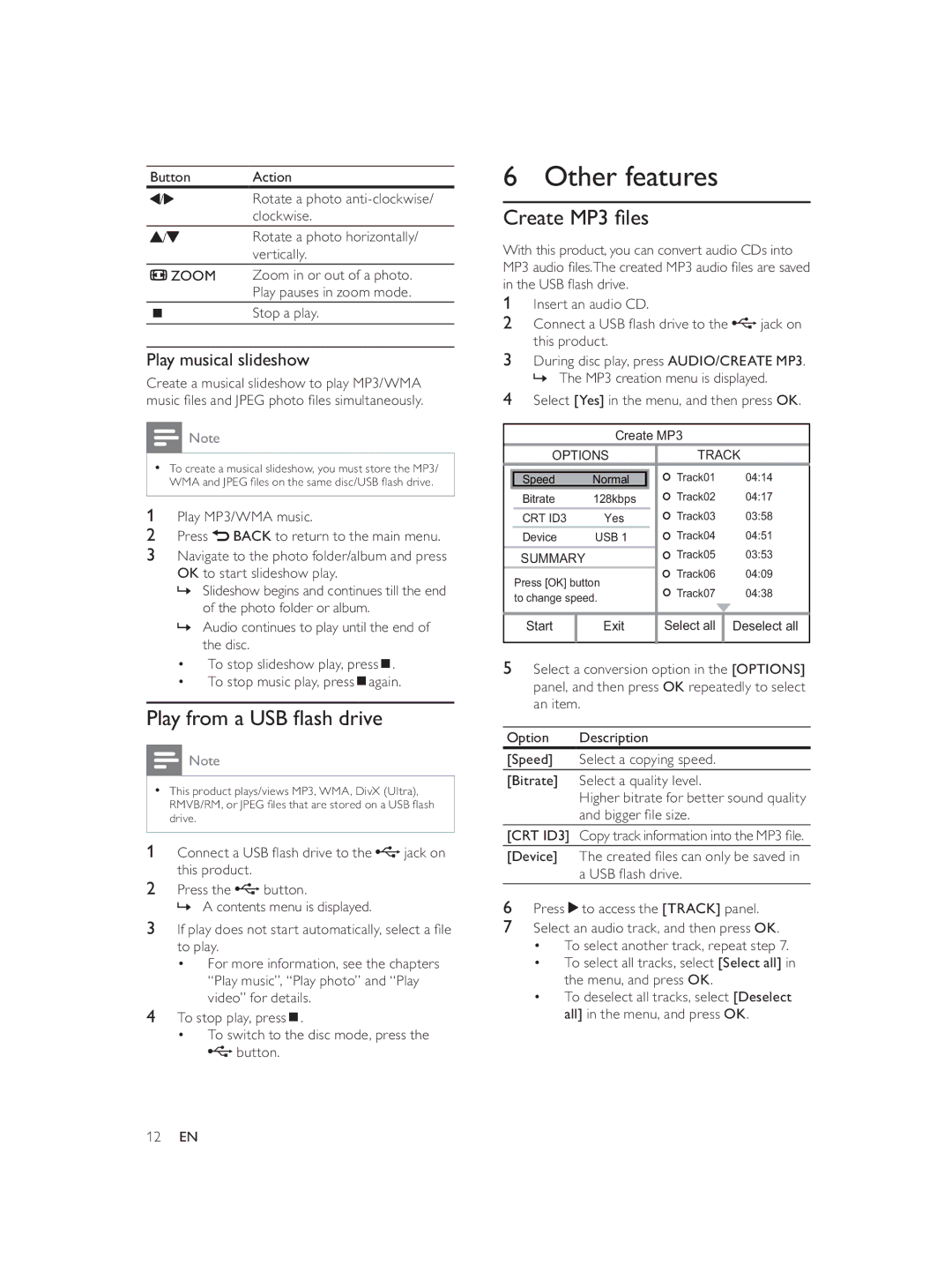 Philips DVP3552K/98 user manual Other features, Play from a USB ﬂ ash drive, Create MP3 ﬁ les, Play musical slideshow 