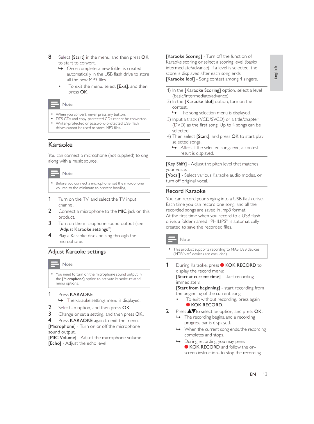 Philips DVP3552K/98 user manual Adjust Karaoke settings, Record Karaoke, KOK Record 