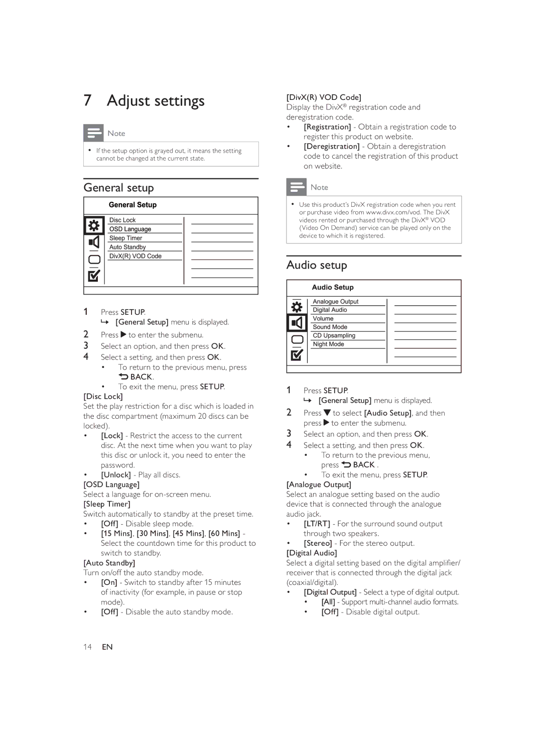 Philips DVP3552K/98 user manual Adjust settings, General setup, Audio setup 