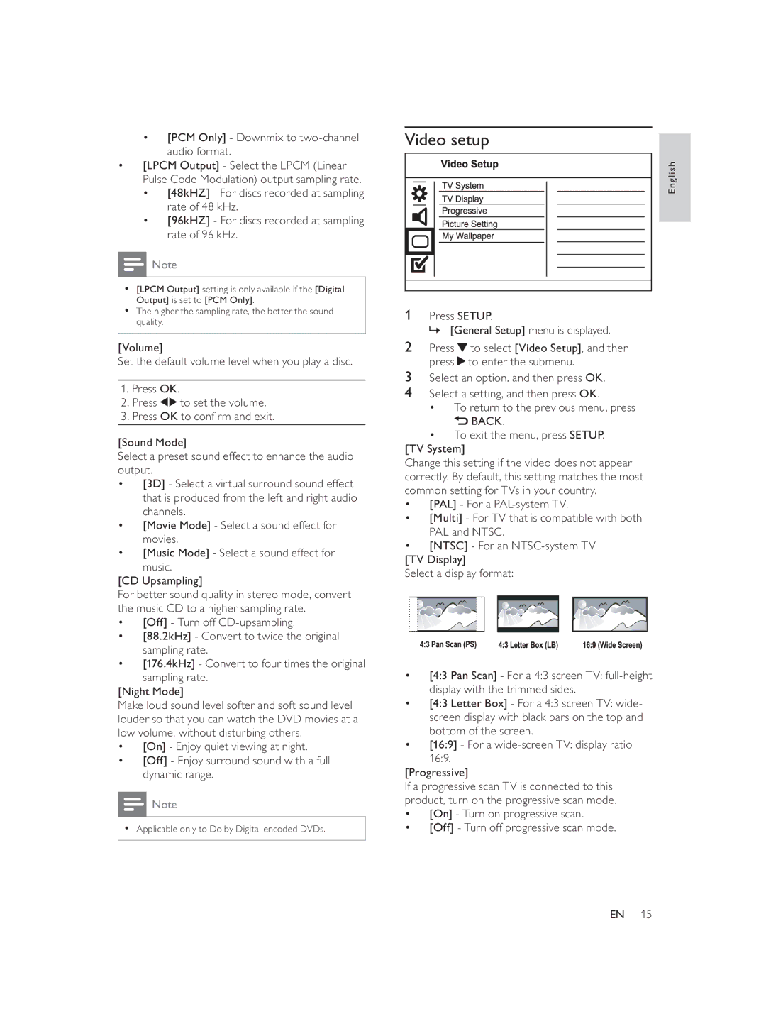 Philips DVP3552K/98 user manual Video setup, PCM Only Downmix to two-channel audio format 