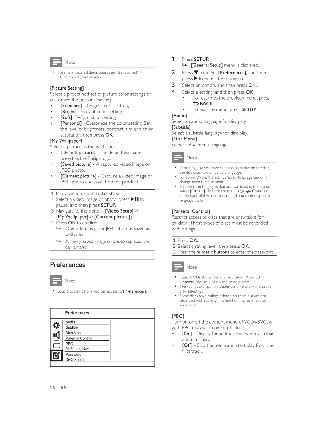 Philips DVP3552K/98 user manual Preferences, Back, Pbc 