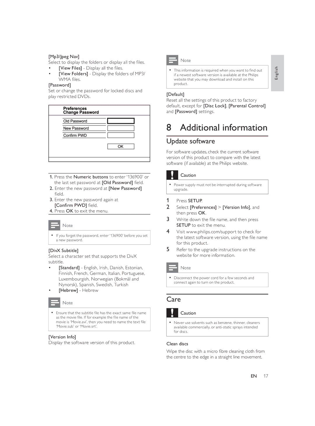 Philips DVP3552K/98 user manual Additional information, Update software, Care 