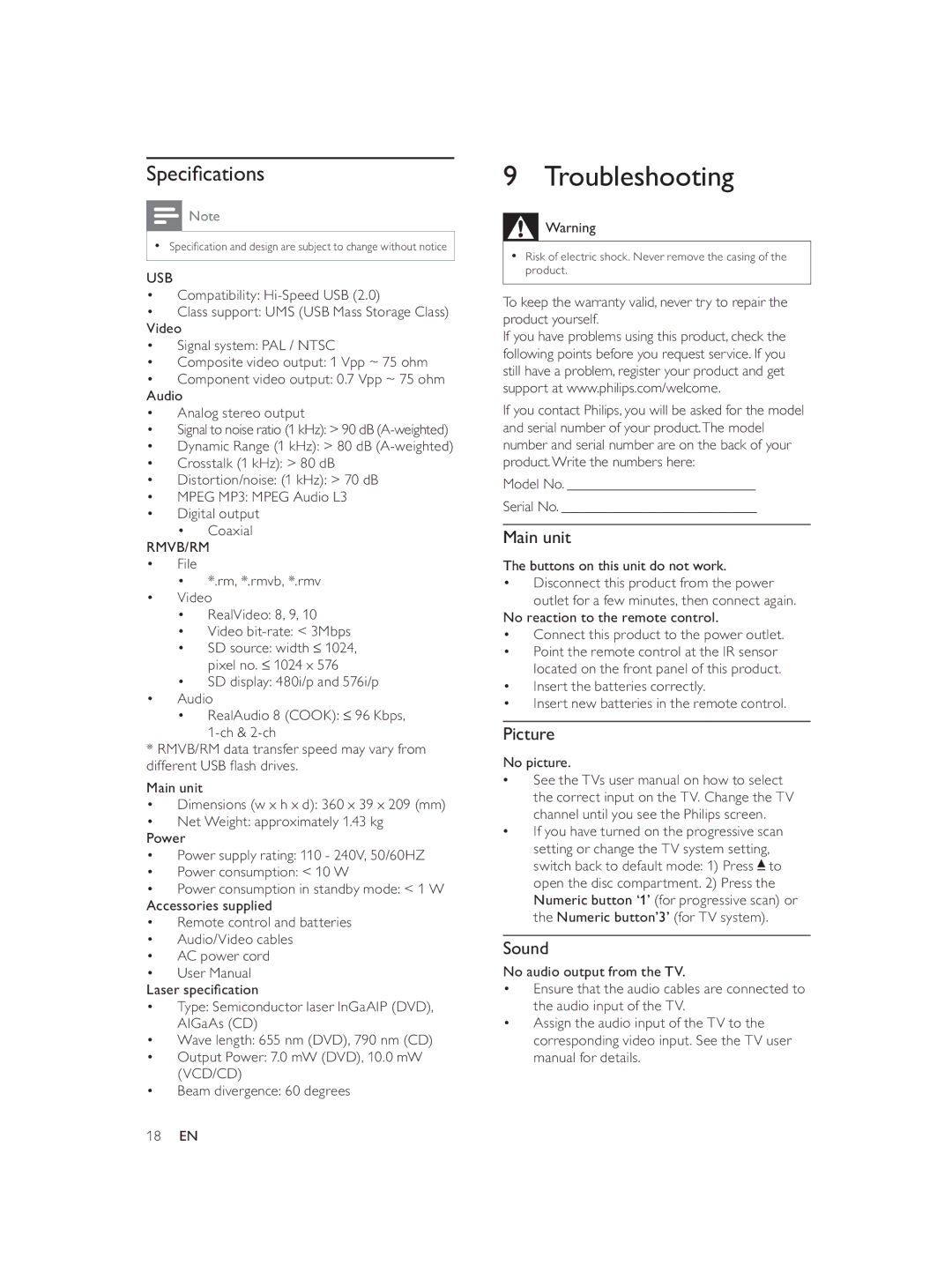 Philips DVP3552K/98 user manual Troubleshooting, Speciﬁ cations, Picture, Sound 