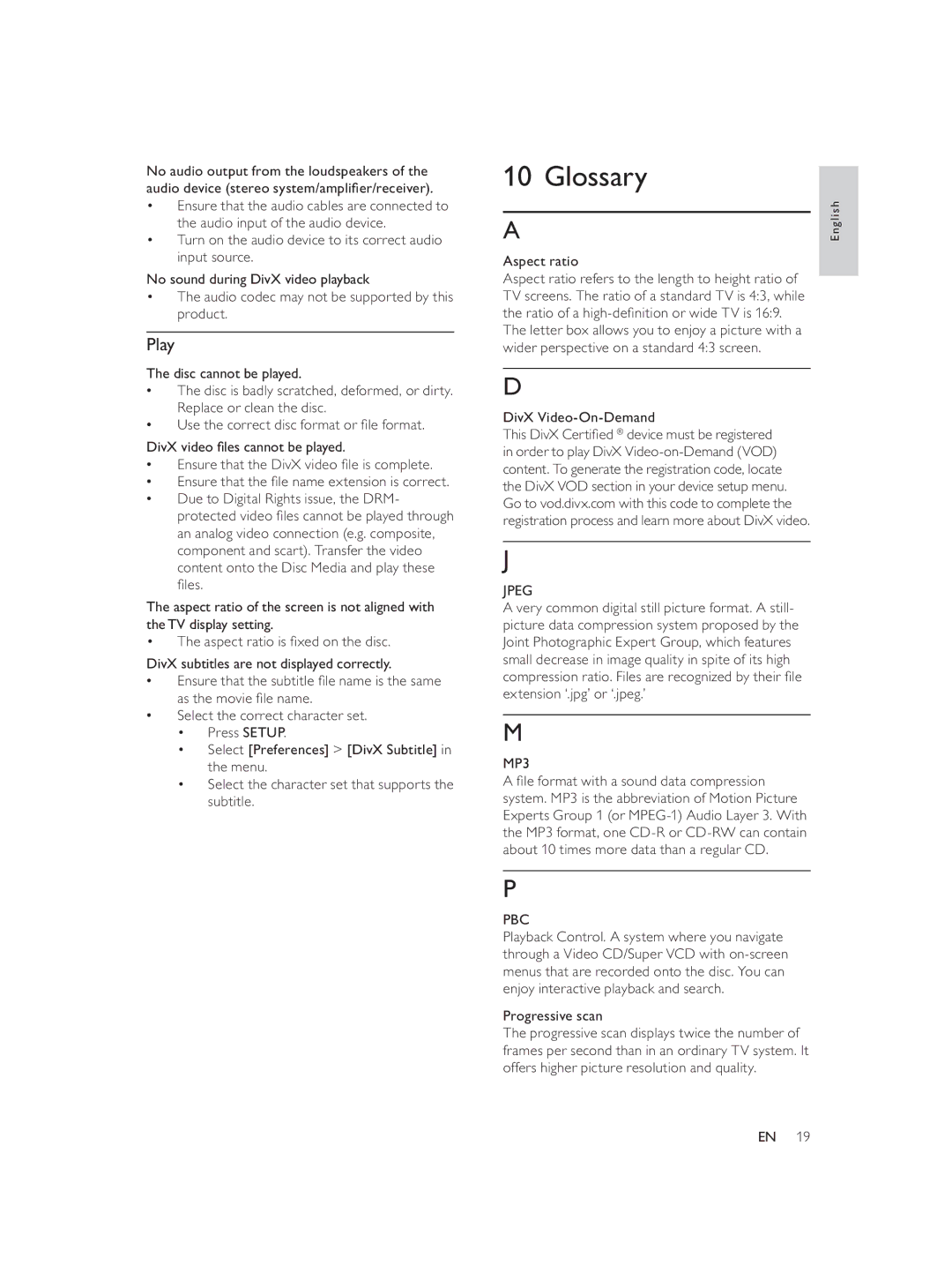 Philips DVP3552K/98 user manual Glossary, Play, Jpeg, MP3 