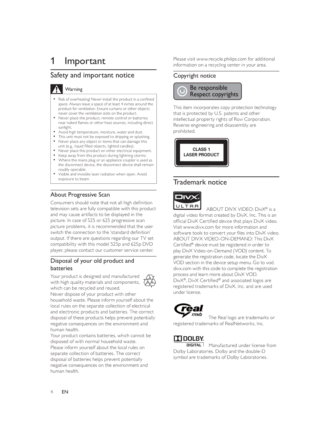 Philips DVP3552K/98 user manual Safety and important notice, Trademark notice, About Progressive Scan, Copyright notice 