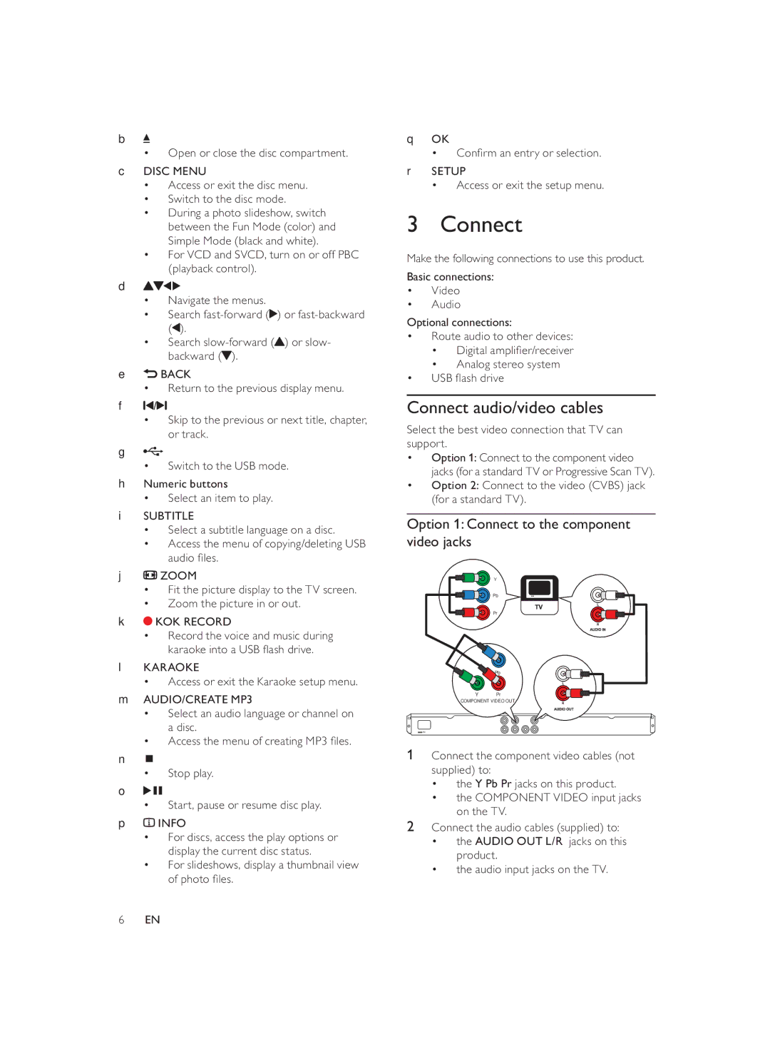 Philips DVP3552K/98 user manual Connect audio/video cables, Option 1 Connect to the component video jacks 