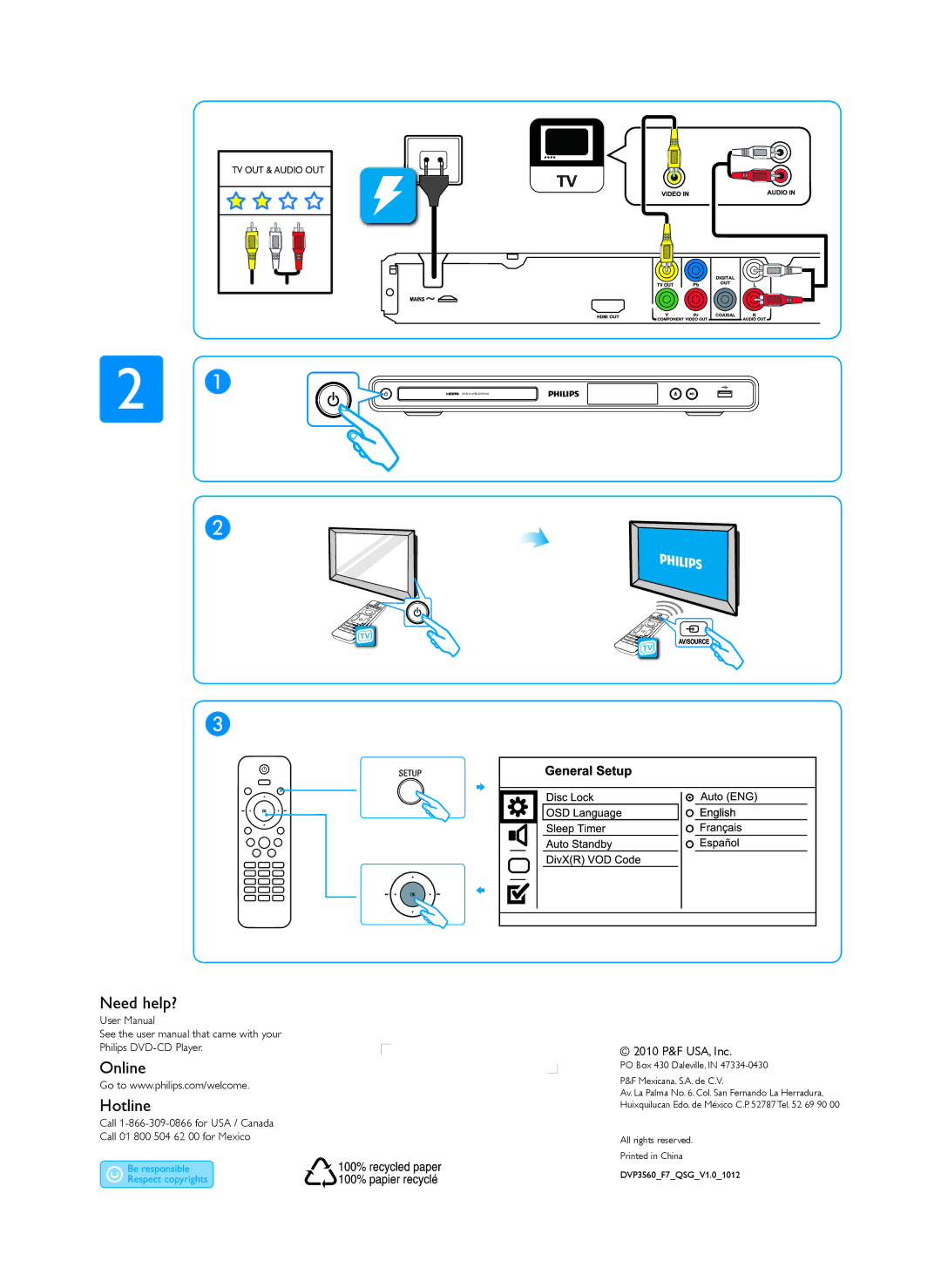 Philips DVP3560 manual Need help? Online Hotline, 2010 P&F USA, Inc, PO Box 430 Daleville, Mexicana, S.A. de C.V 