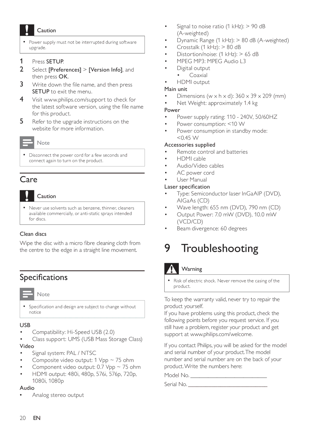 Philips DVP3560KX/77 user manual Troubleshooting, Care, Speciﬁcations, Clean discs, Usb 