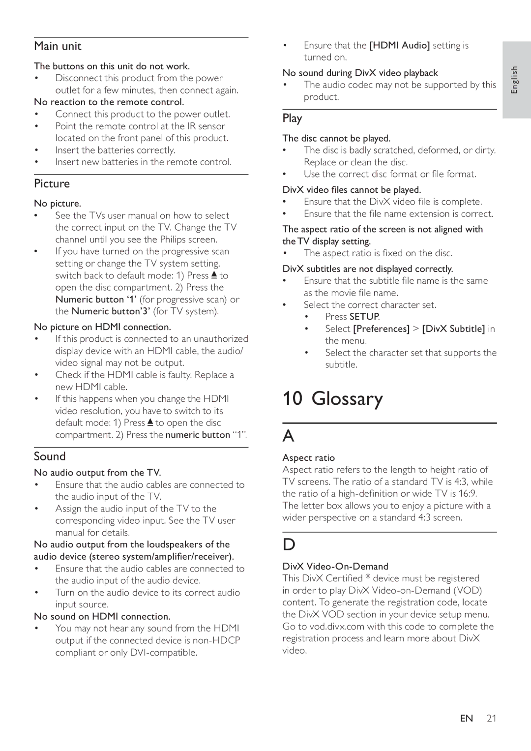 Philips DVP3560KX/77 user manual Glossary, Picture, Sound, Play 