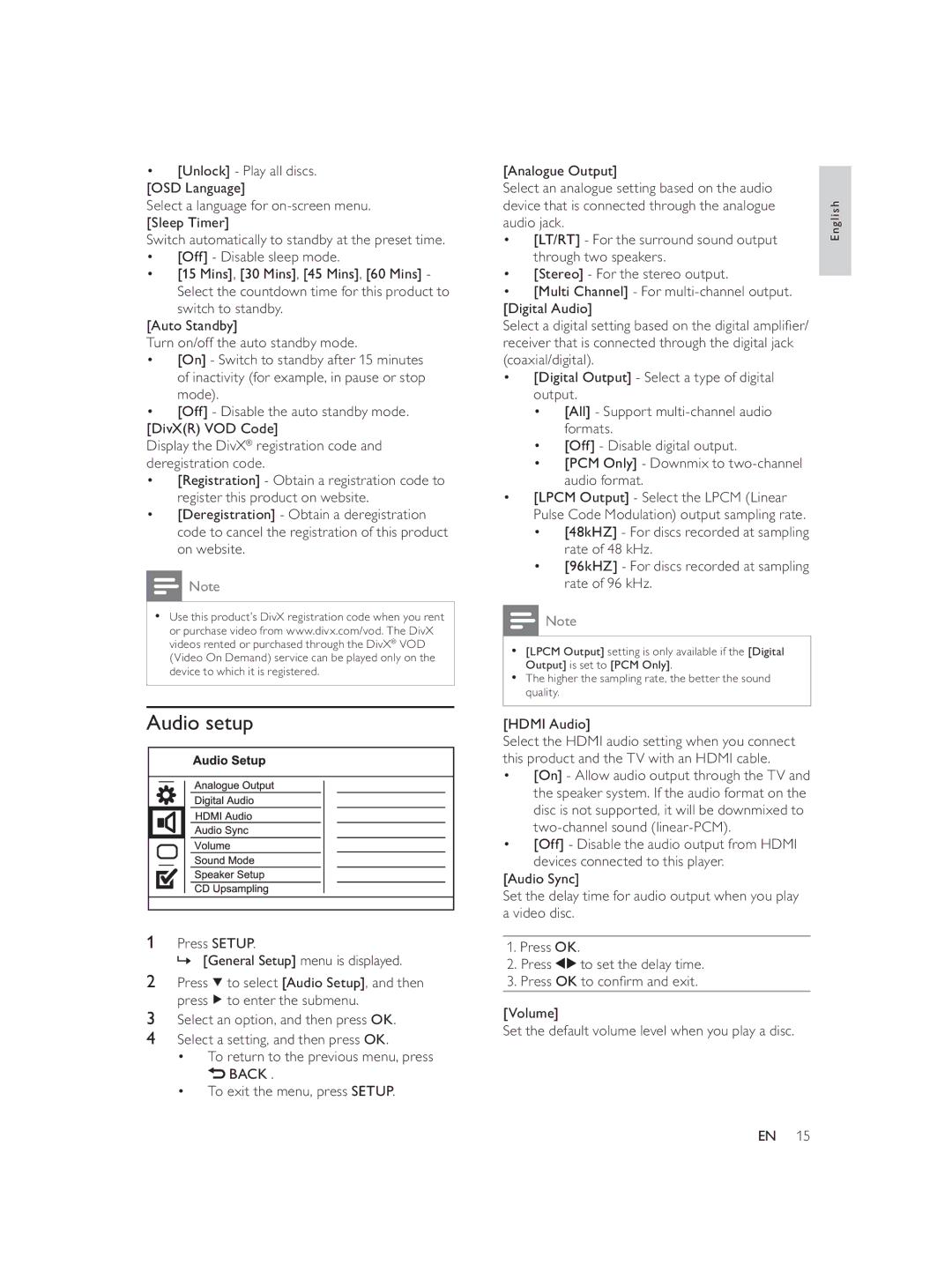 Philips DVP3588/94 user manual Audio setup, Hdmi Audio 