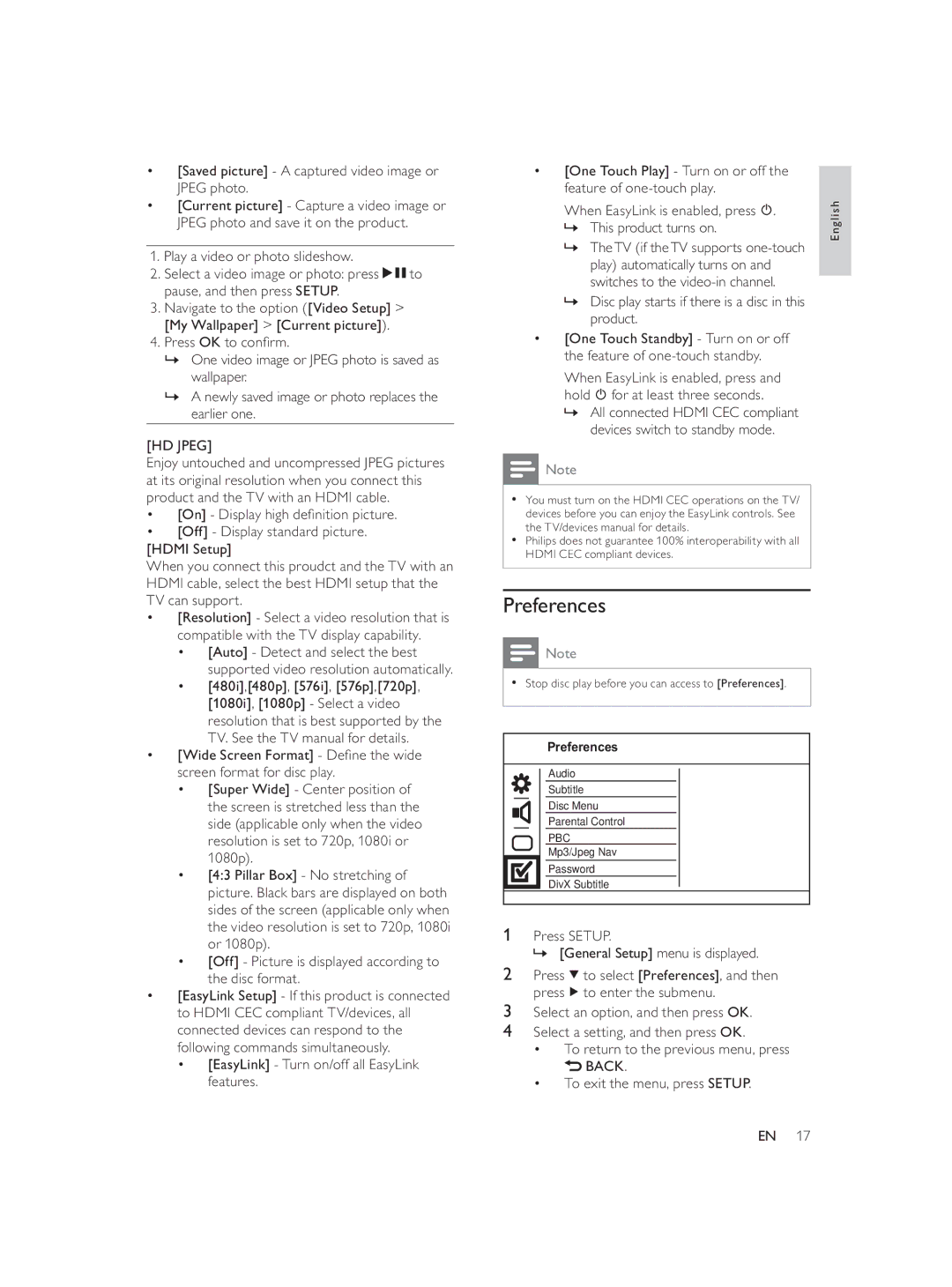 Philips DVP3588/94 user manual Preferences, Saved picture a captured video image or Jpeg photo, HD Jpeg 